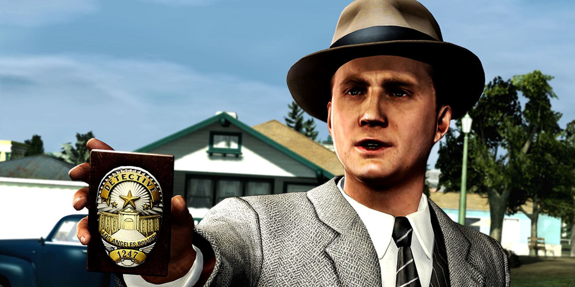 Cole Phelps presents his detective badge in L.A. Noire