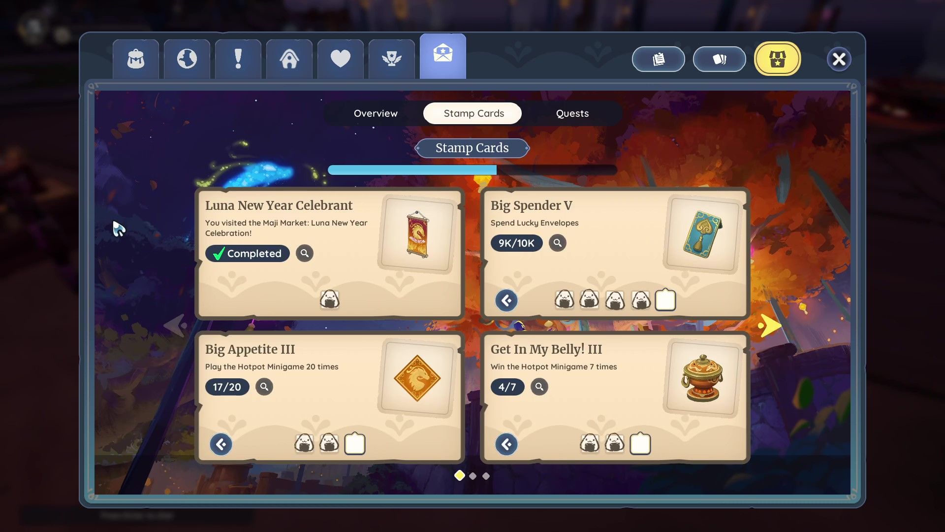 The stamp cards menu for Palia&rsquo;s Luna New Year event rewards.