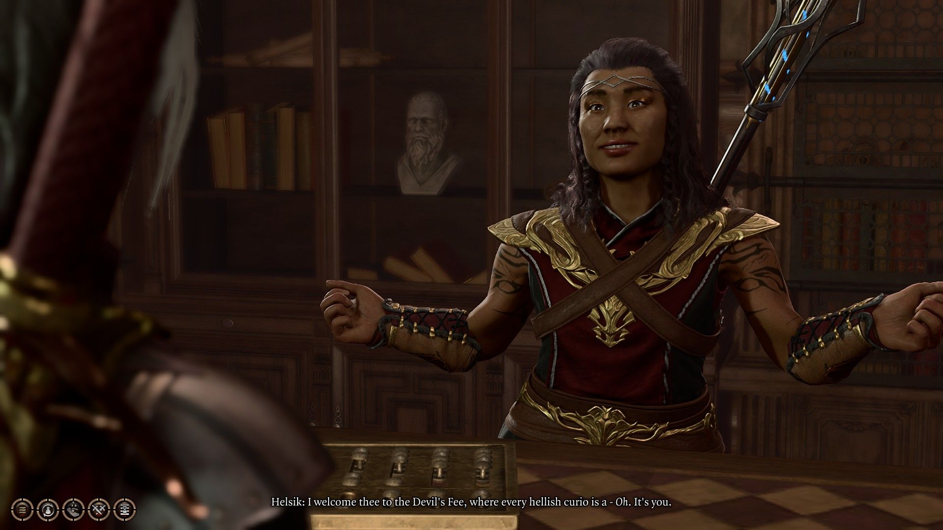 The Dark Urge speaks with Helsik for the first time at the Devil&rsquo;s Fee in Baldur&rsquo;s Gate 3