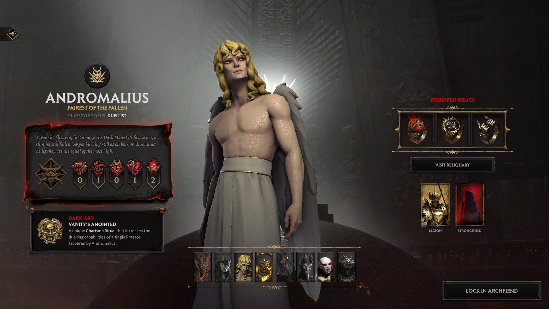 Andromalius on the Archfiend selection screen in Solium Infernum