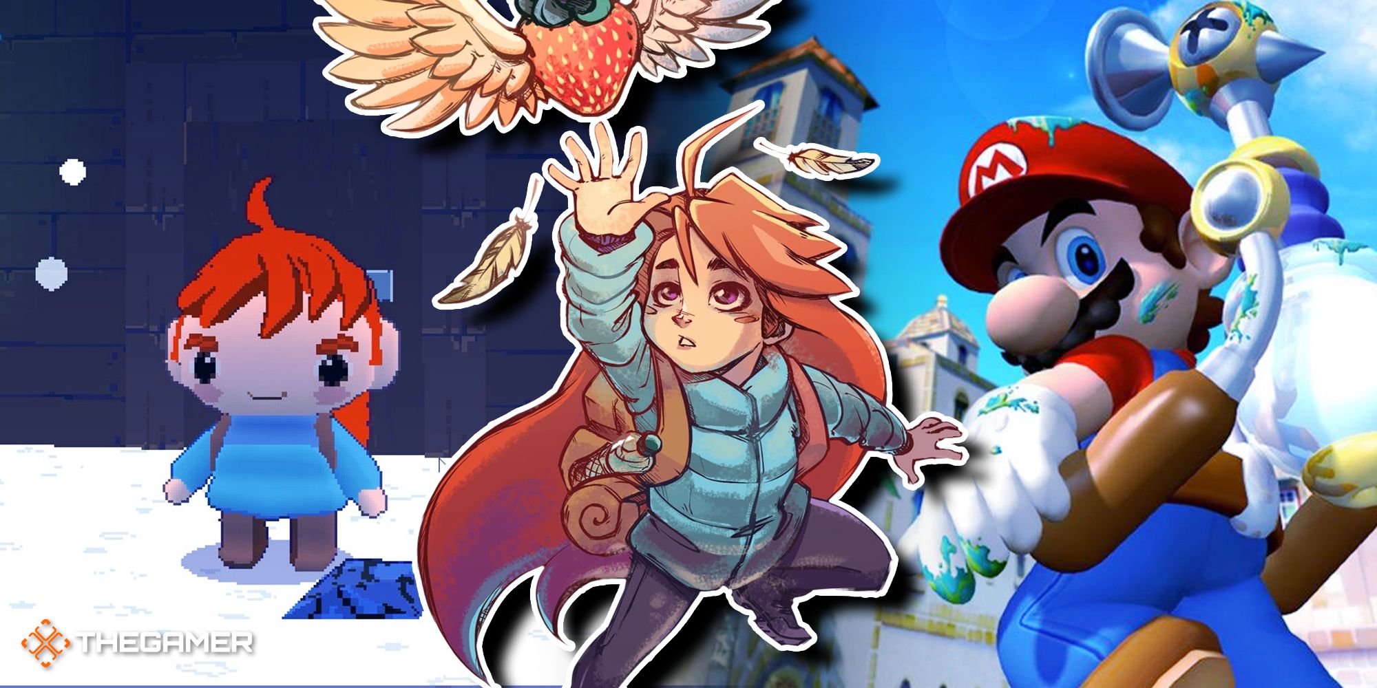 Split image with Madeline from Celeste 64 on the left, Mario from Super Mario Sunshine on the right, and Madeline reaching for a strawberry in the middle.