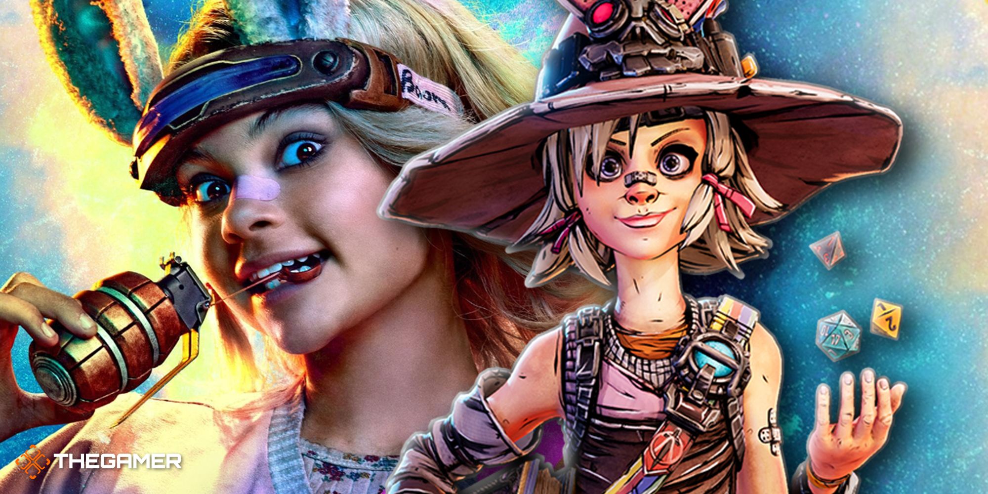 Ariana Greenblatt as Tiny Tina in the movie on the left, taking the pin out of a grenade with her teeth. Game Tiny Tina tossing dice in the air on the right.