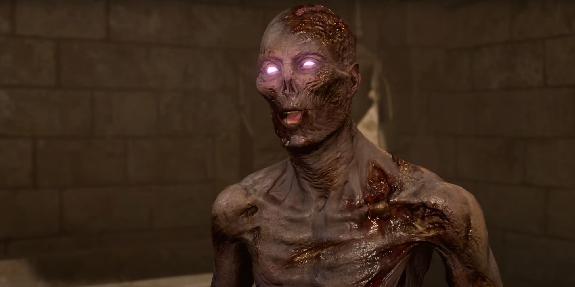 A possessed, partially rotted corpse with purple eyes seen with a delighted, sly expression.