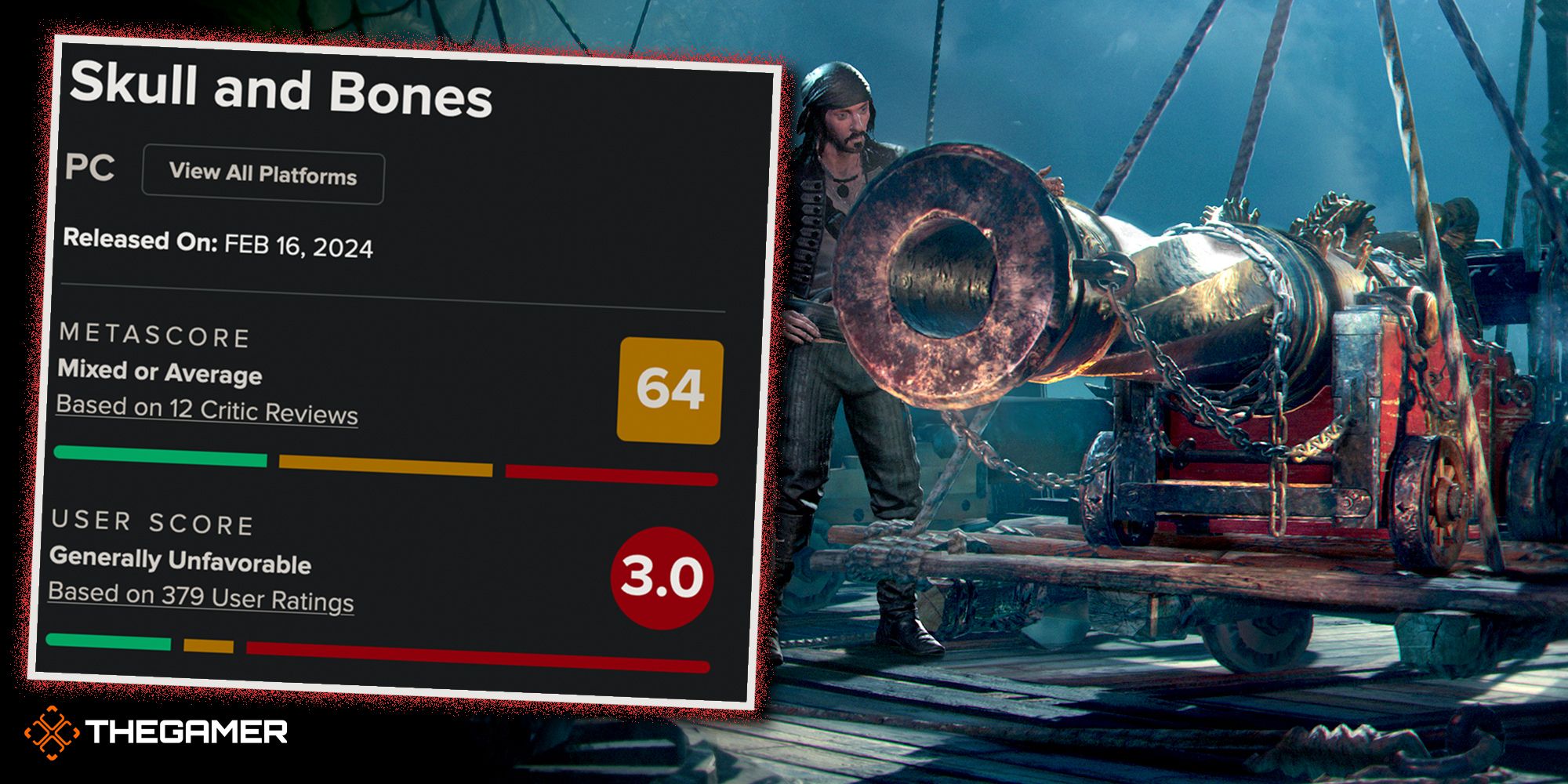 The metacritic scores of Skull & Bones on the left (64 critic and 3.0 user) and a pirate with a big cannon on the right