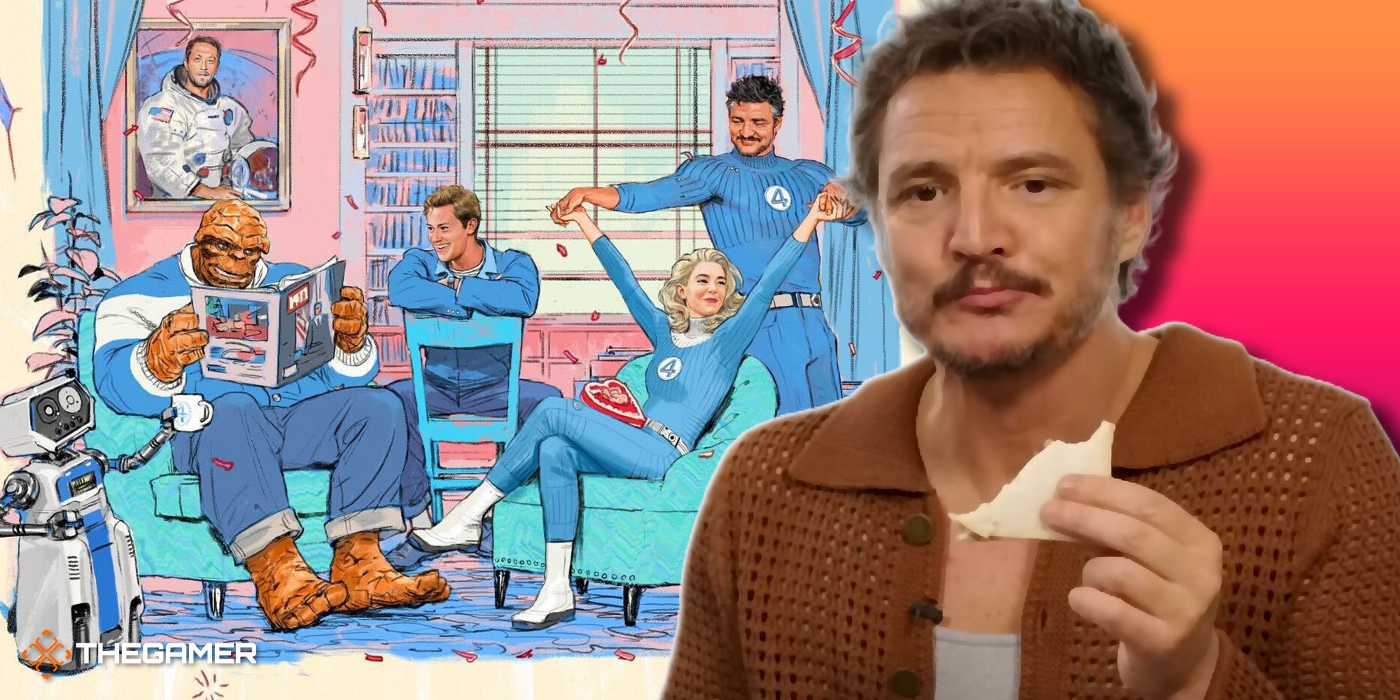 Pedro Pascal eating a sandwich, with the comics-inspired Fantastic Four cast announcement art in the background.