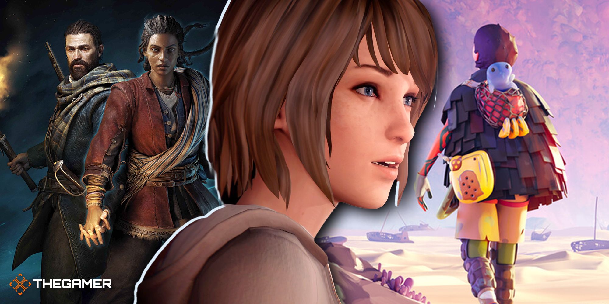 Split image with Max from Life is Strange in the center, and characters from Banishers: Ghosts of New Eden and Jusant on either side.
