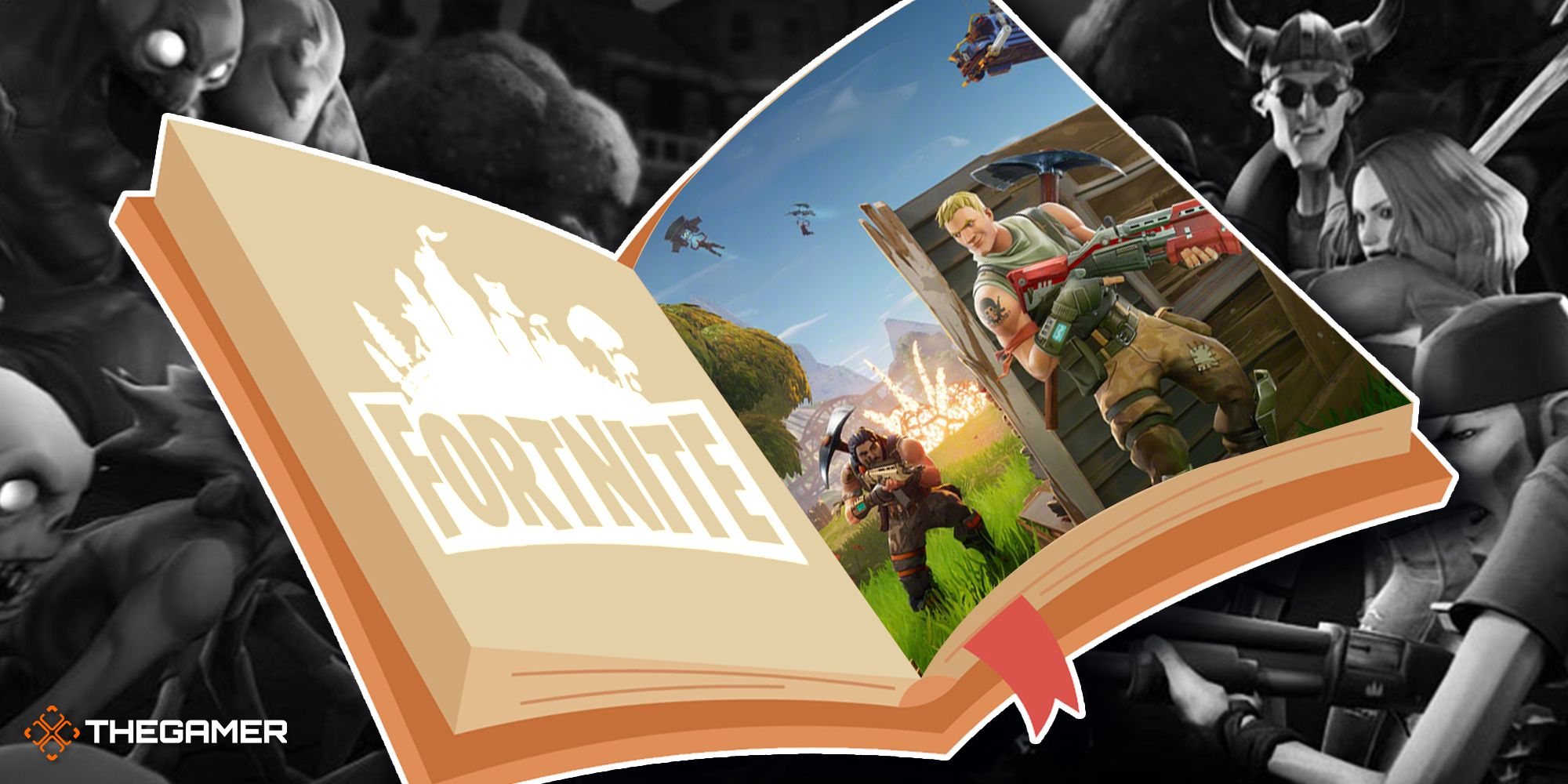 An open book with the Fortnite logo on one page and promo art on the other. In the background, there are Fortnite characters in black and white.