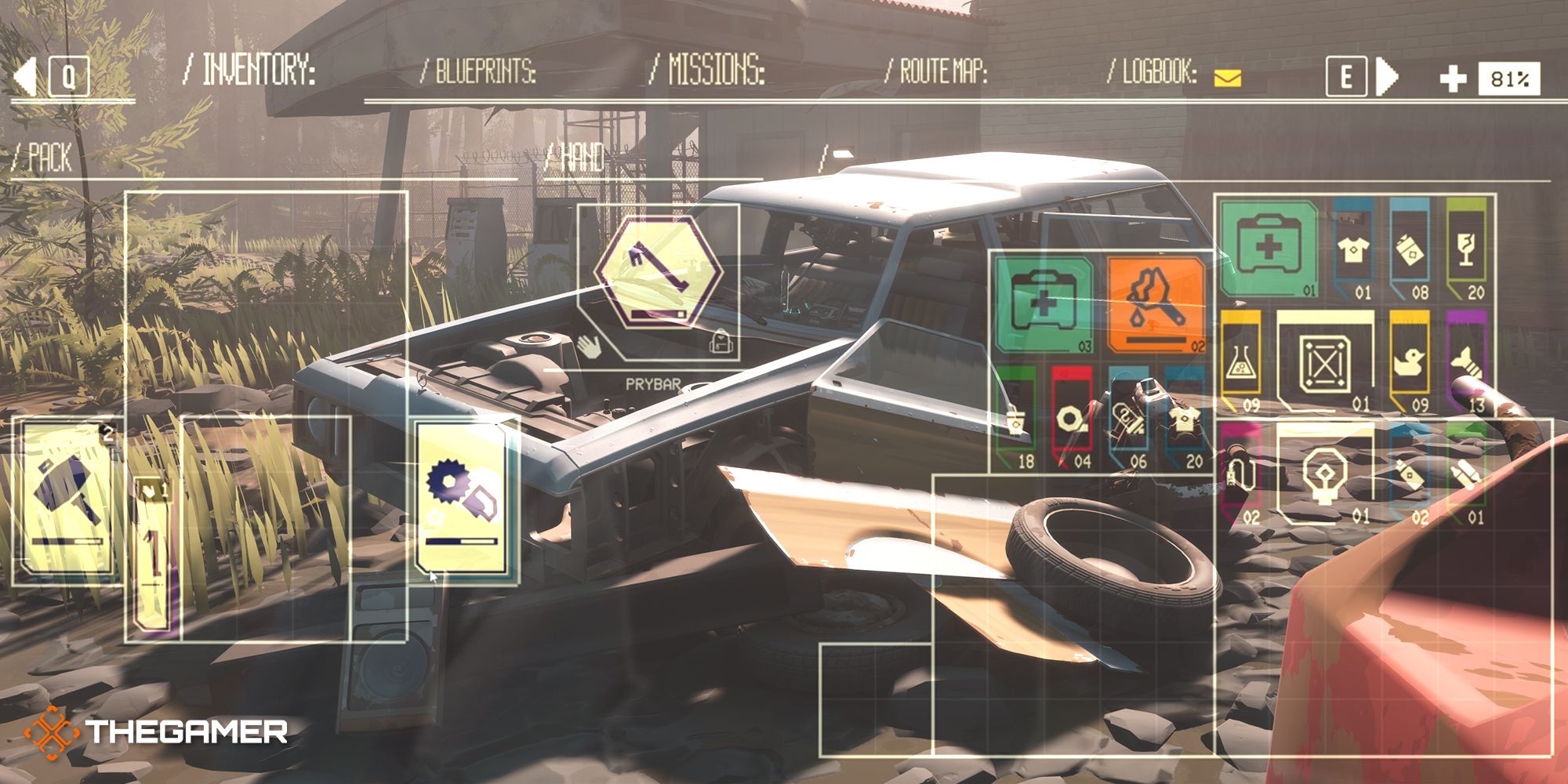 The menus in Pacific Drive superimposed over a car pulled over on the side of the road near a gas station surrounded by scrap metal and tires