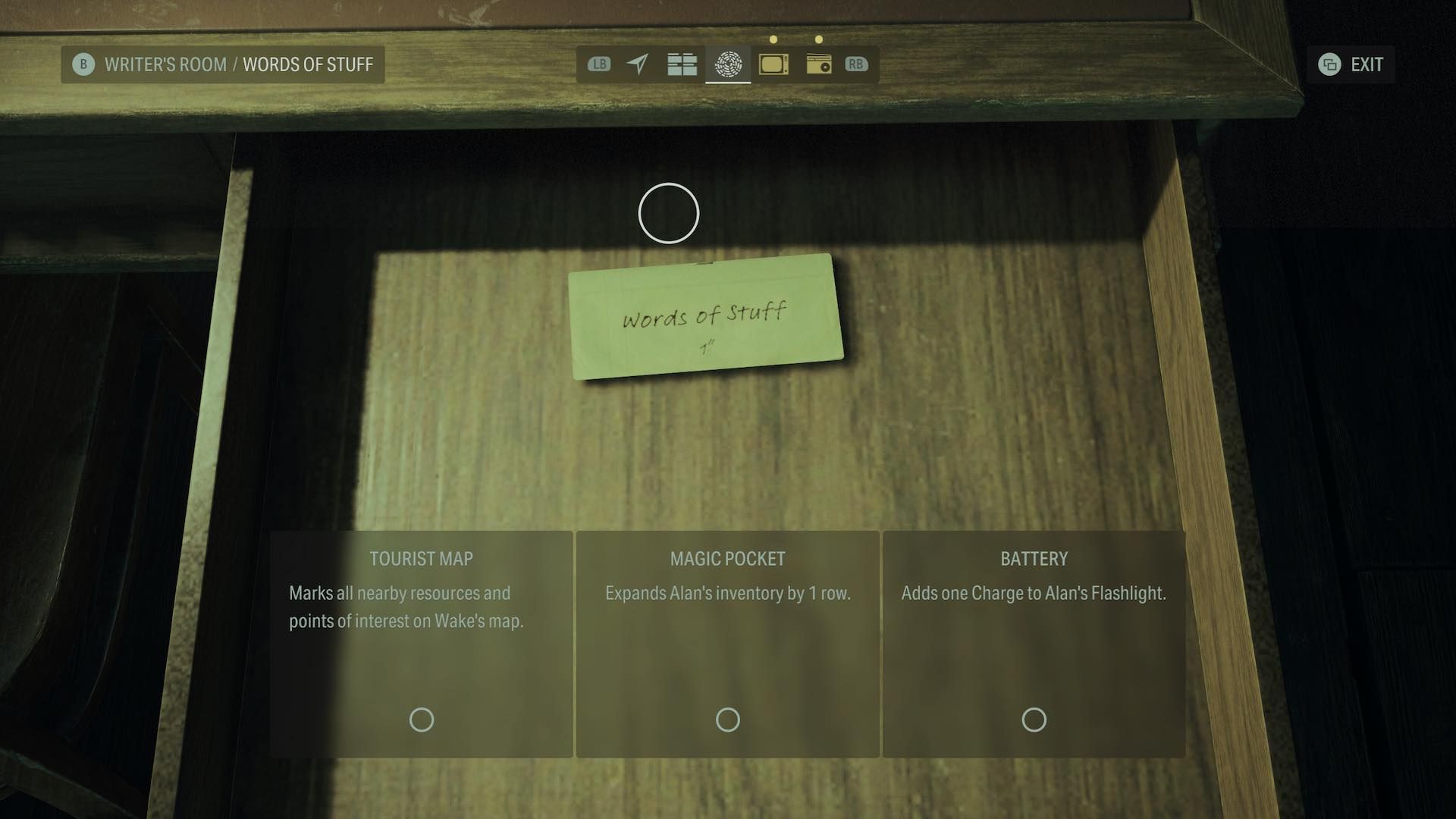 The Word of Stuff upgrade displayed in Alan Wake&rsquo;s writers room with three upgrade options available.