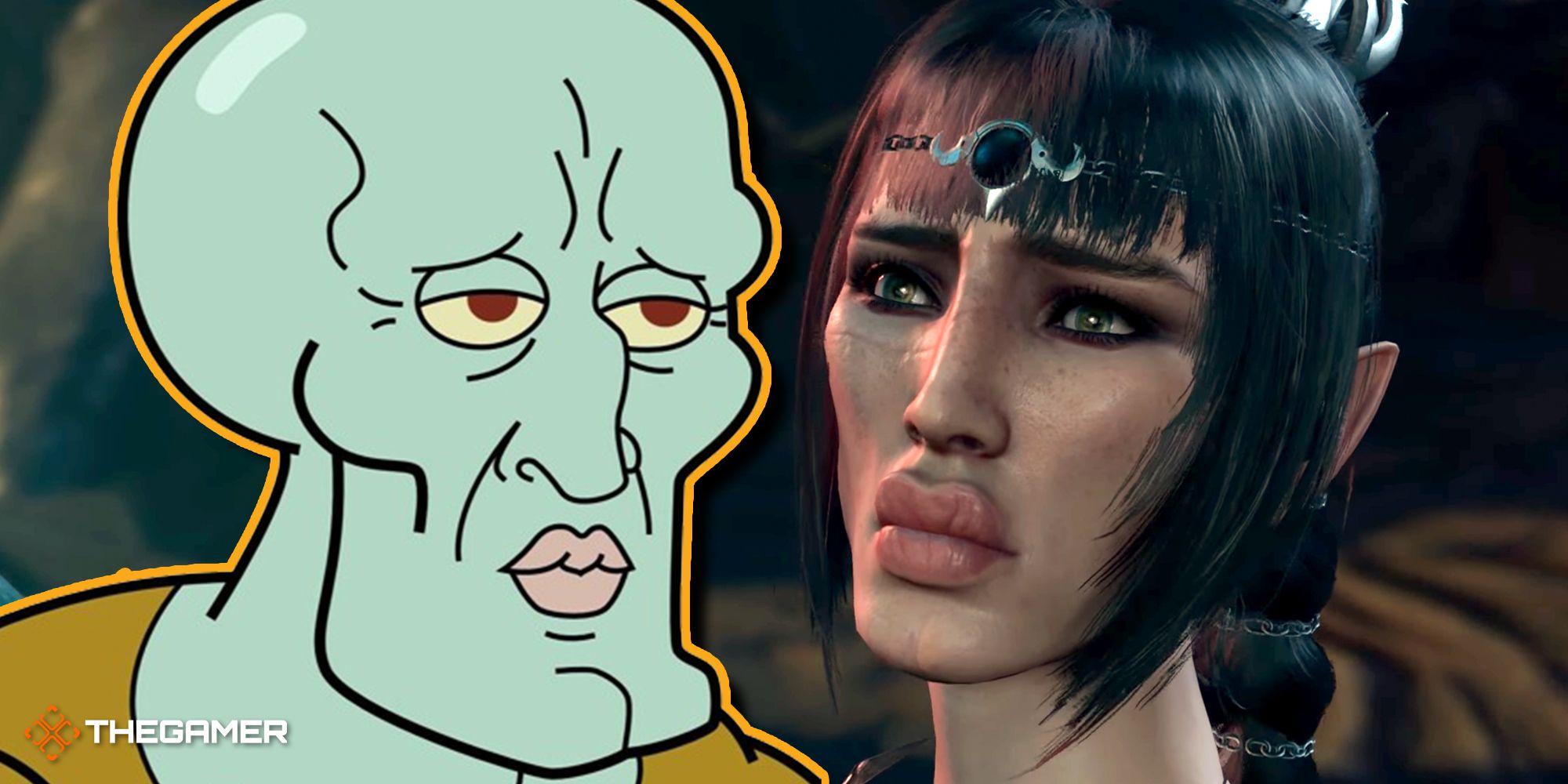 Handsome Squidward outlined in yellow on the left, Shadowheart with the handsome Squidward mod on the right