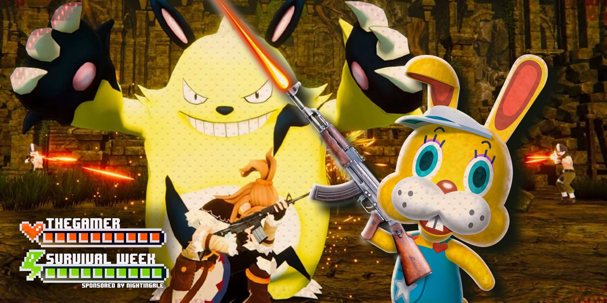 Animal Crossing rabbit next to yellow Palworld pal holding a gun