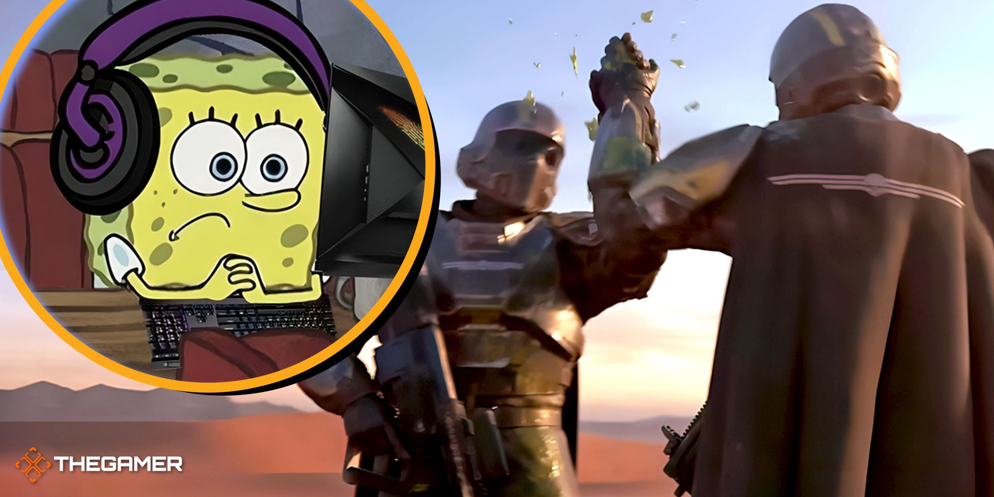 The background is two Helldivers high-diving, green goo splashing from their gloves. The top left corner has a yellow circle with Spongebob sitting at a computer with headhones on, clasping his hands