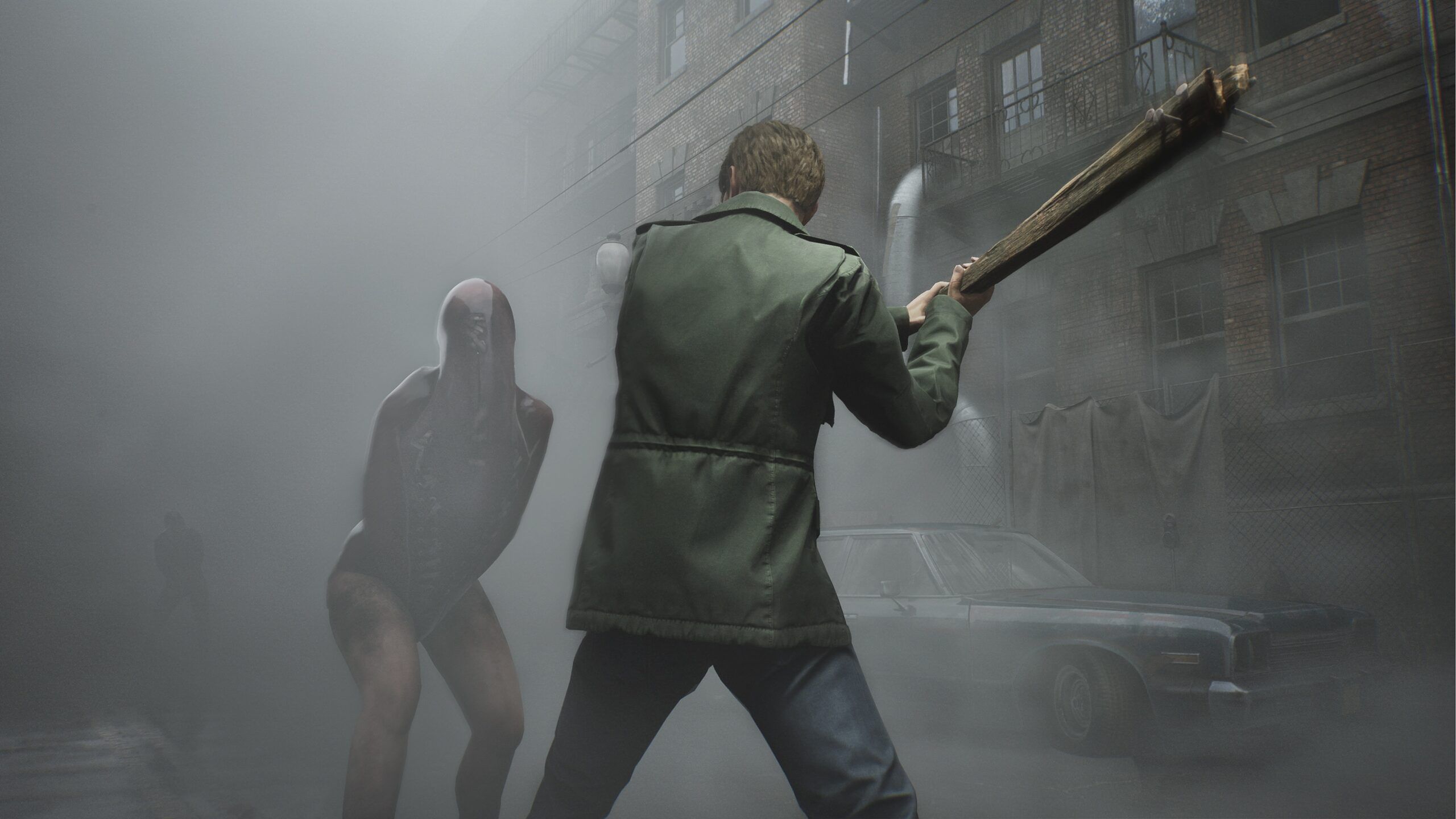 Silent Hill 2 - James about to hit a monster with a bit of wood