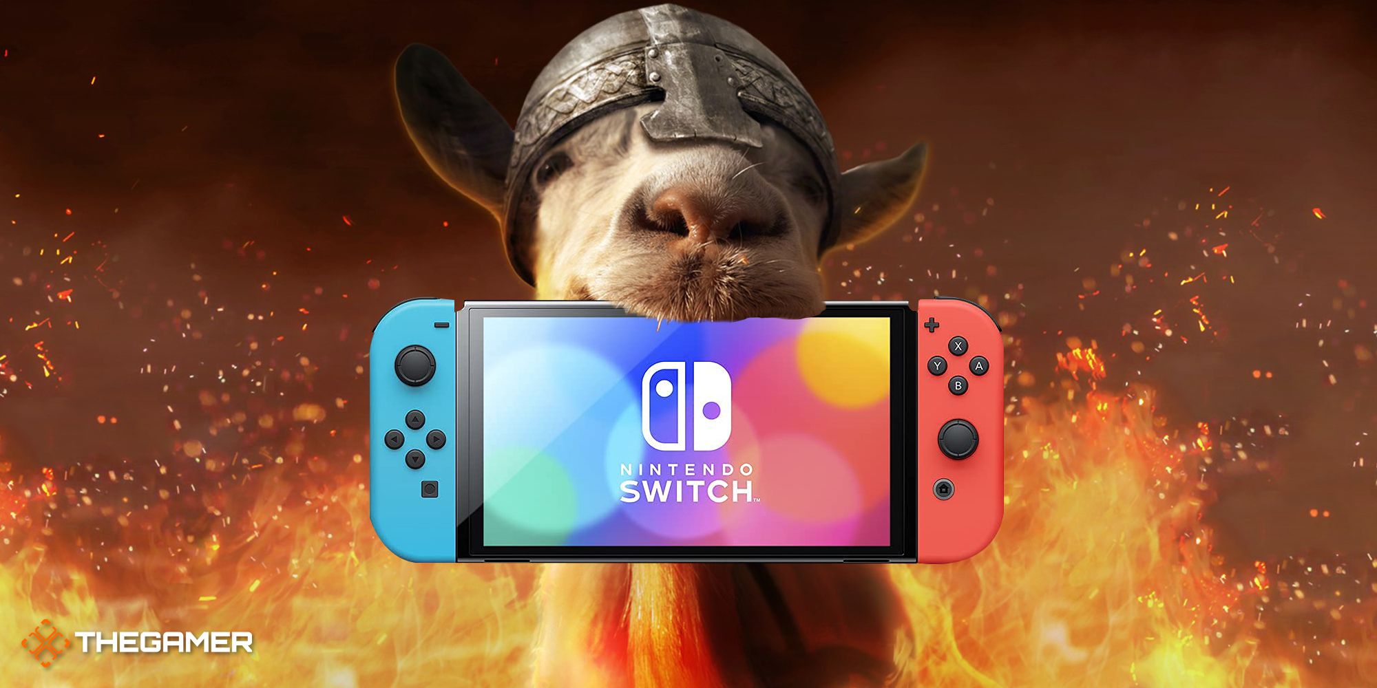 A goat from Goat Simulator holding a Nintendo Switch