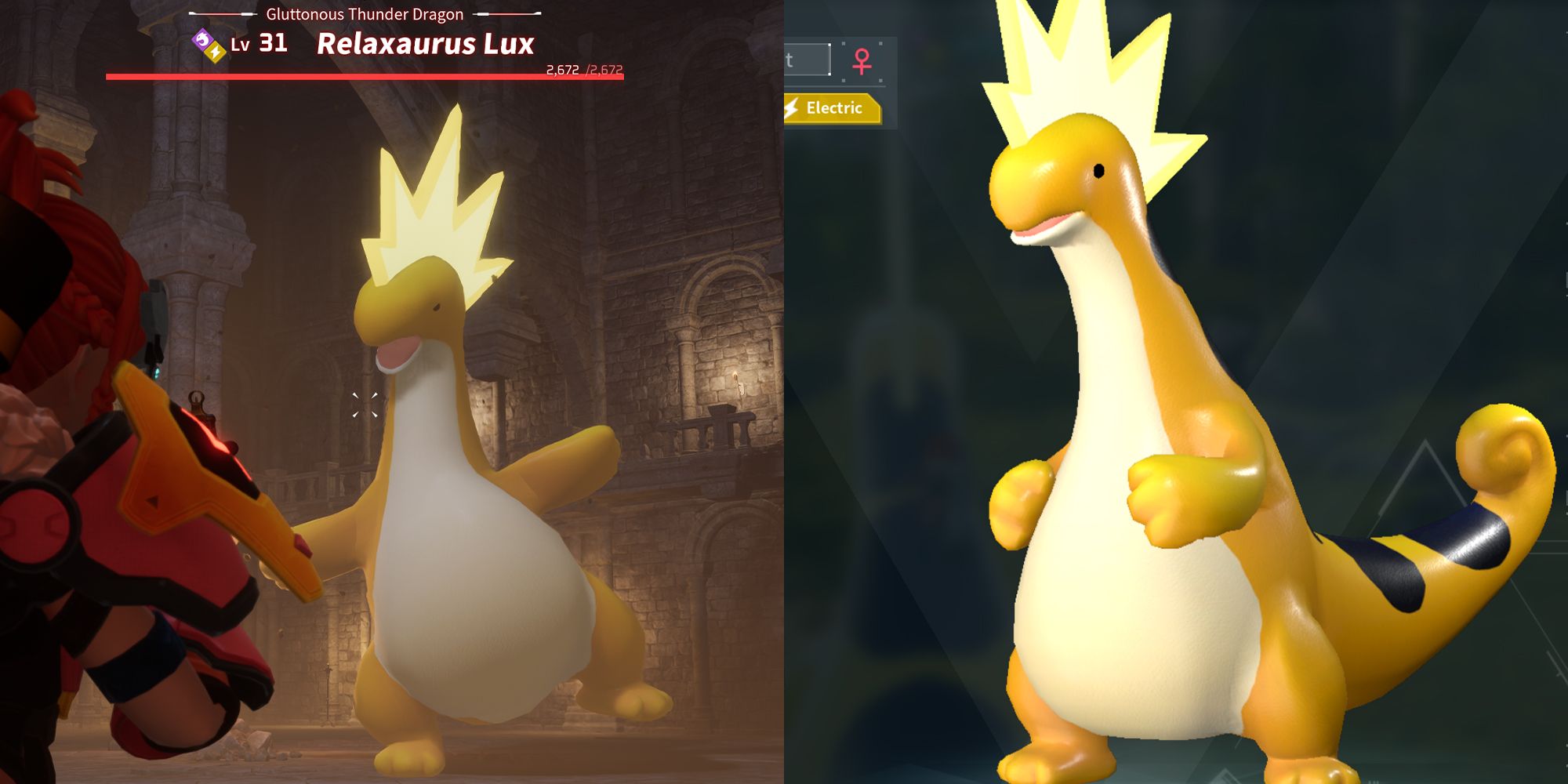 A collage of Alpha Boss Relaxaurus Lux in Palworld stomping on the left and in the party on the right