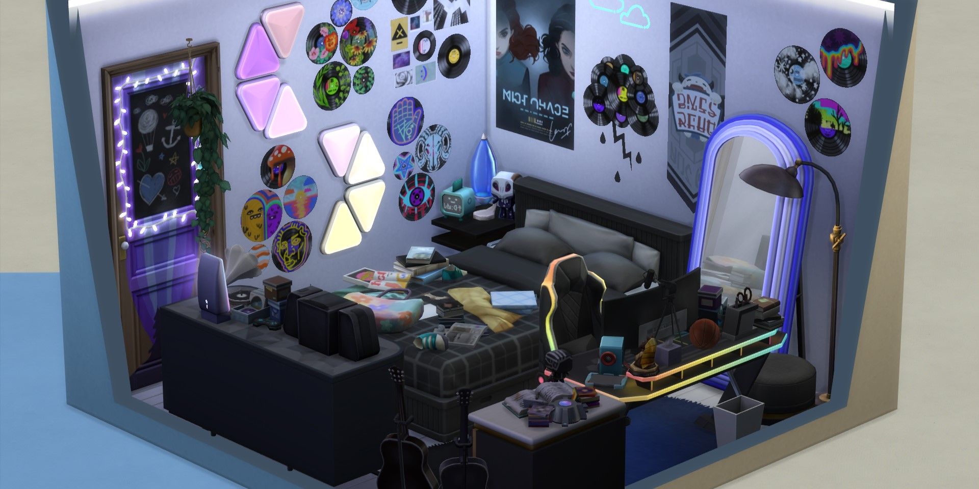 A full view of the Dark Themed custom Bedroom in Sims 4