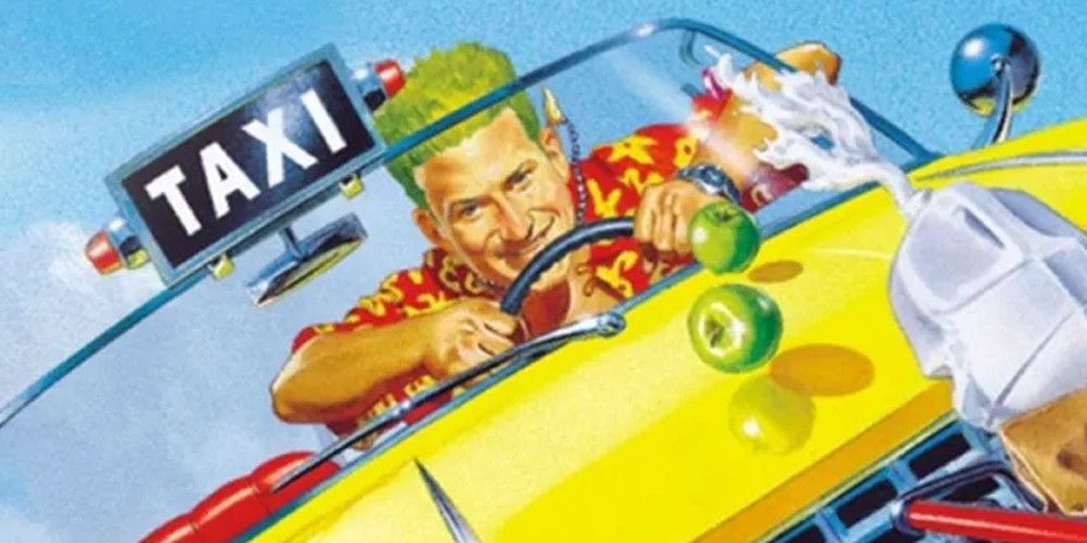 A man with green hair behind the wheel of a taxi flying through the air