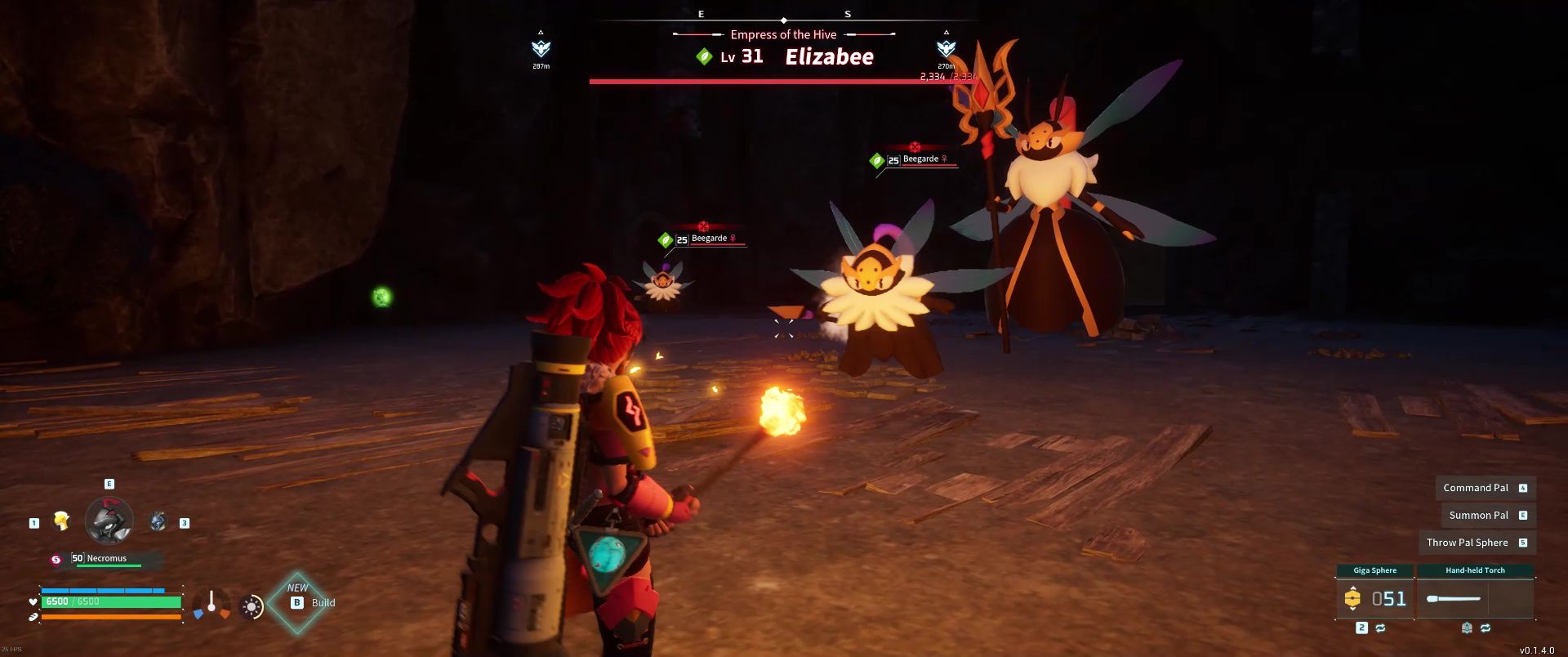 A picture of Alpha Boss Elizabee and its Beegardes in Palworld attacking.