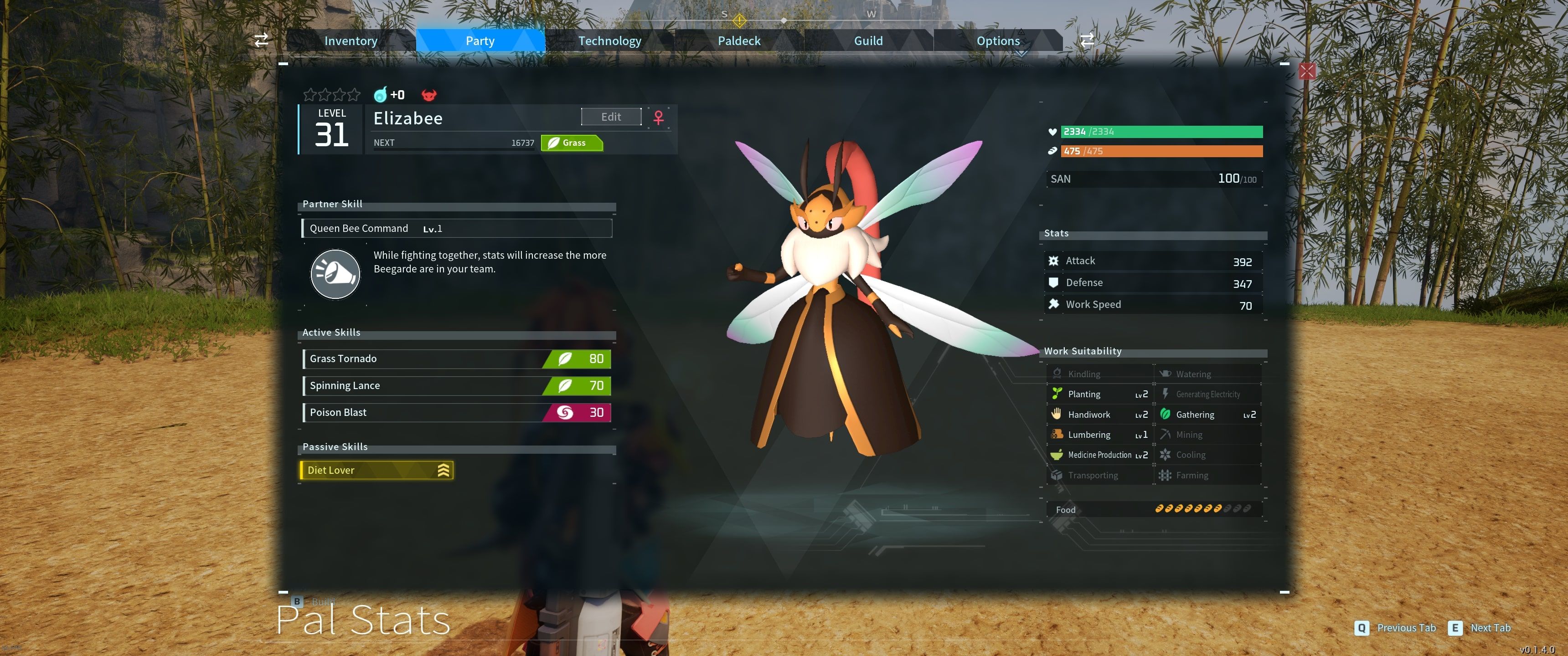 A picture of Alpha Boss Elizabee from Palworld in the party.