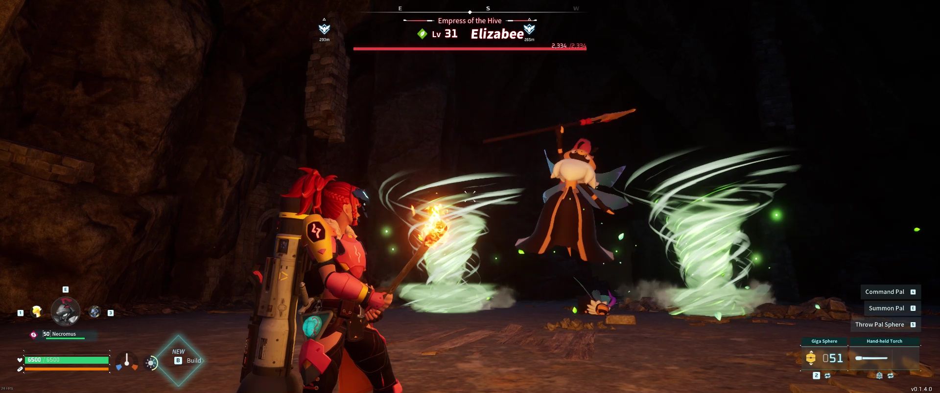 A picture of Alpha Boss Elizabee in Palworld using Grass Tornado.