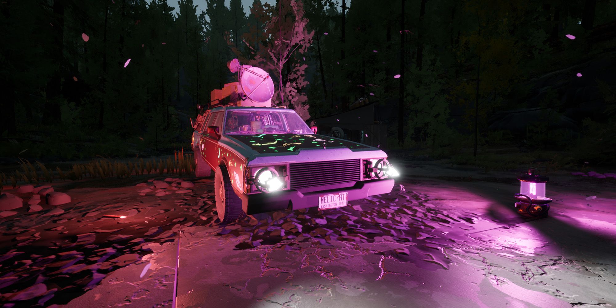 A picture of Pacific Drive showing Bio Headlights, a road flare, and the Biolantern