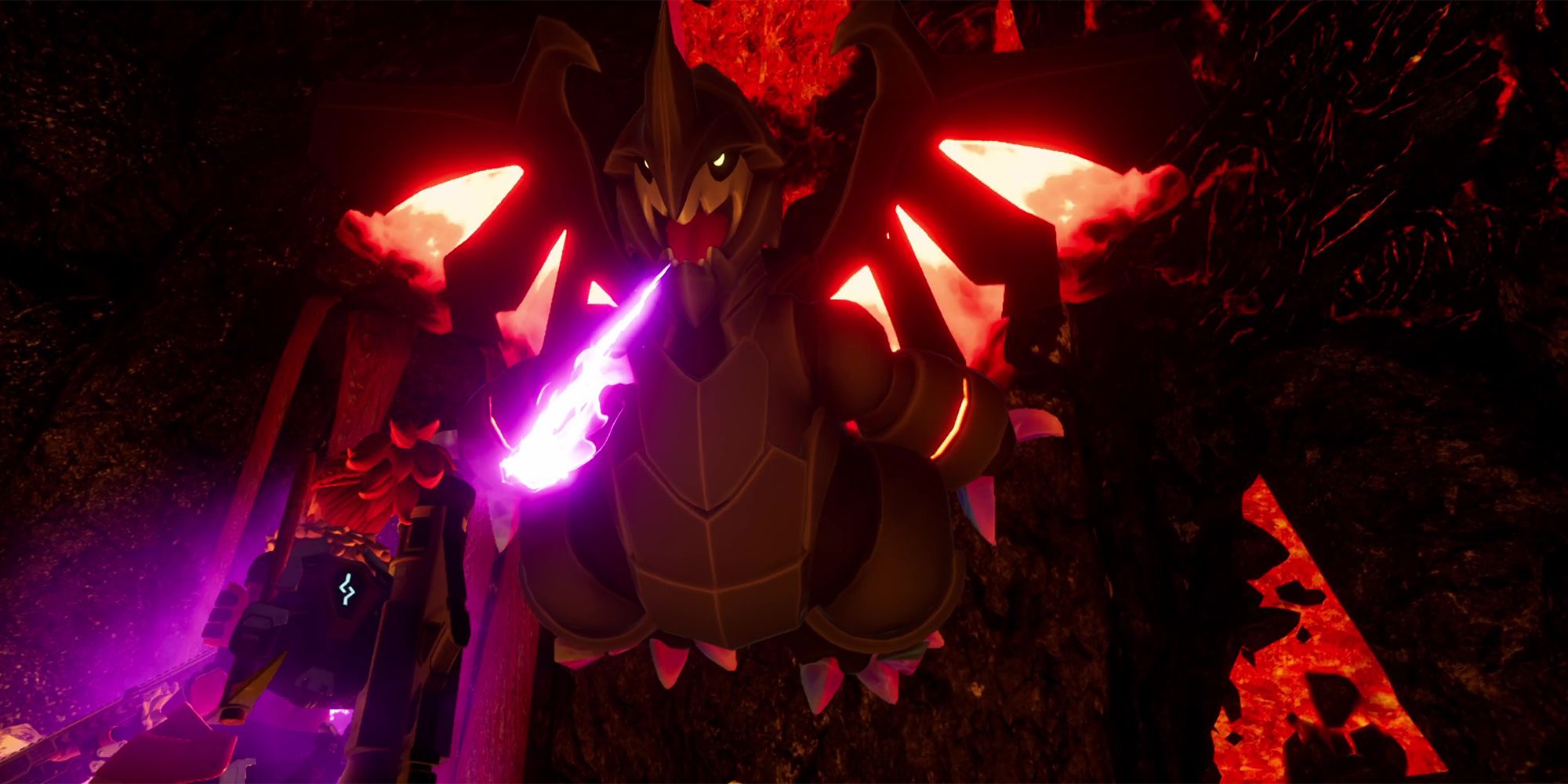A picture of Palword showing Alpha Boss Astegon preparing to attack the player with Draconic Breath