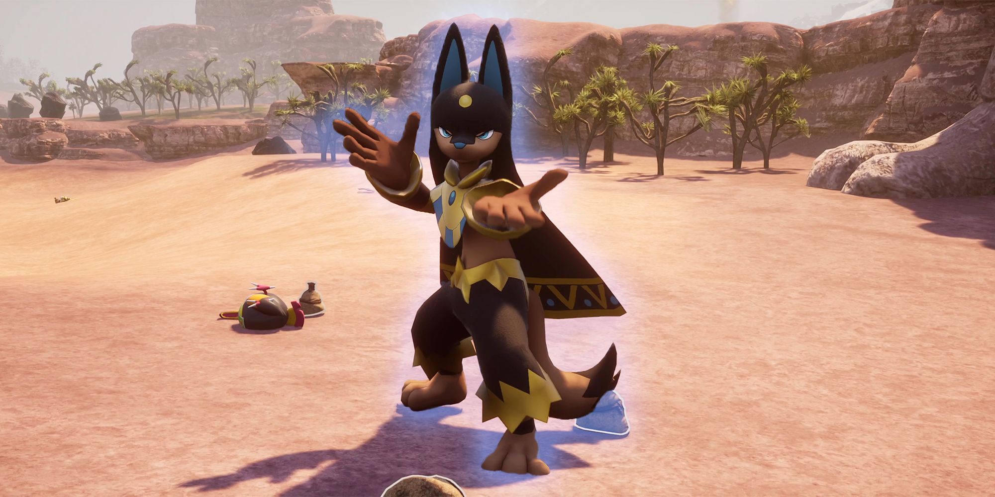 A picture of Palworld showing Alpha Boss Anubis taunting the player