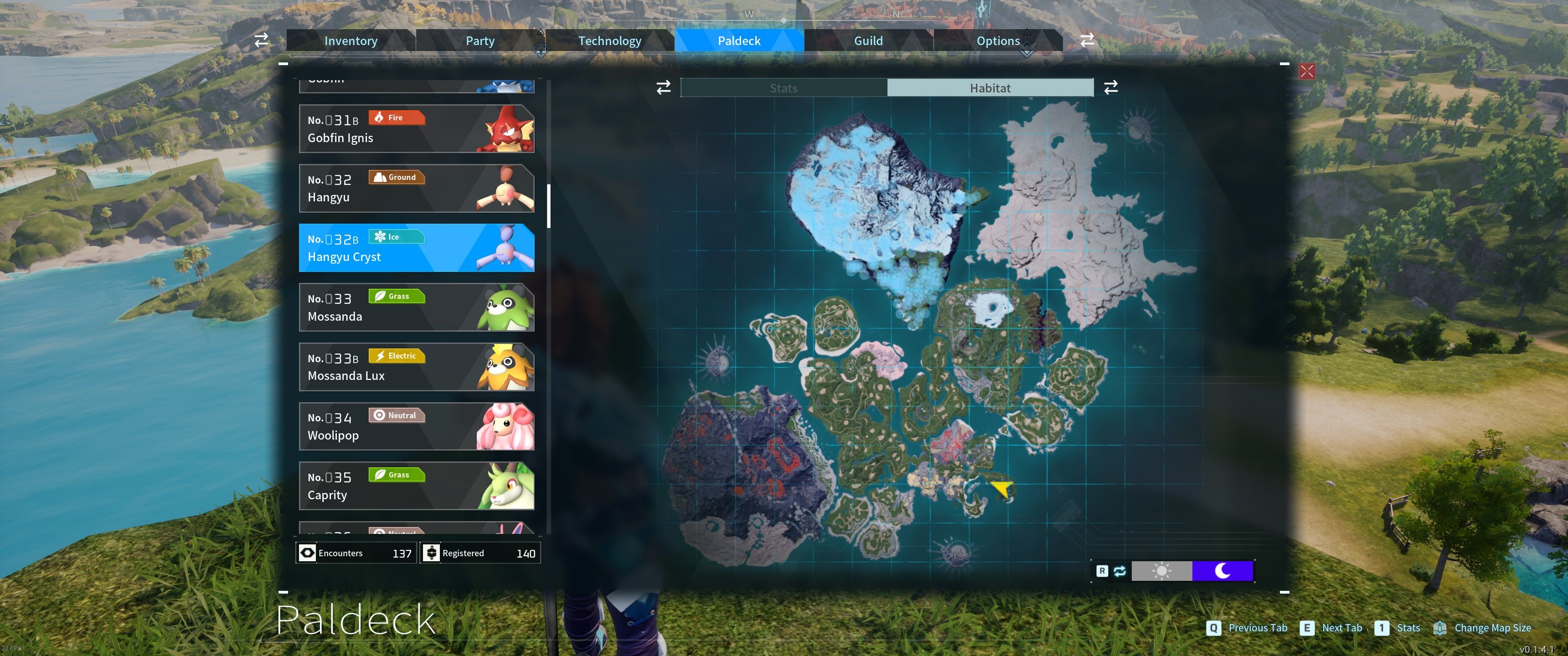 A picture of Palworld showing Hangyu Cryst&rsquo;s habitat in the Paldeck.
