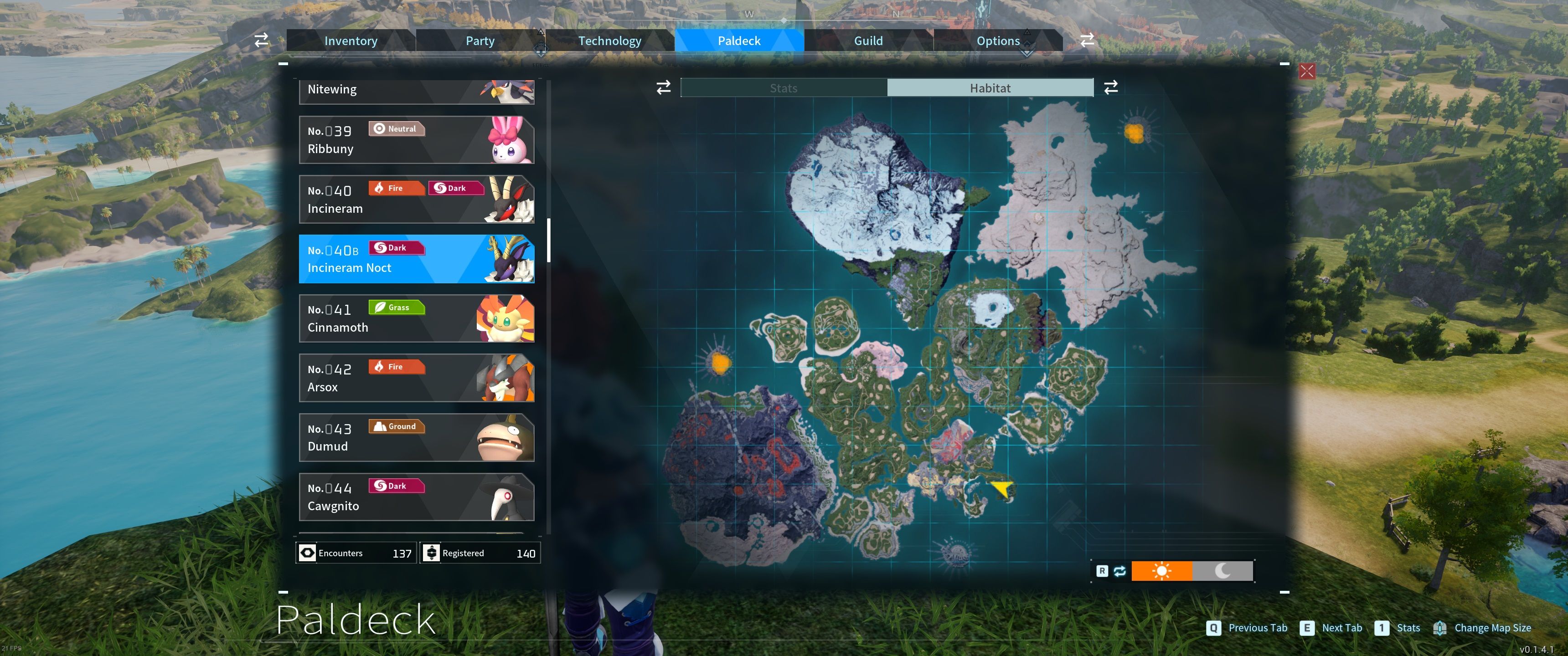 A picture of Palworld showing Incineram Noct&rsquo;s habitat in the Paldeck.