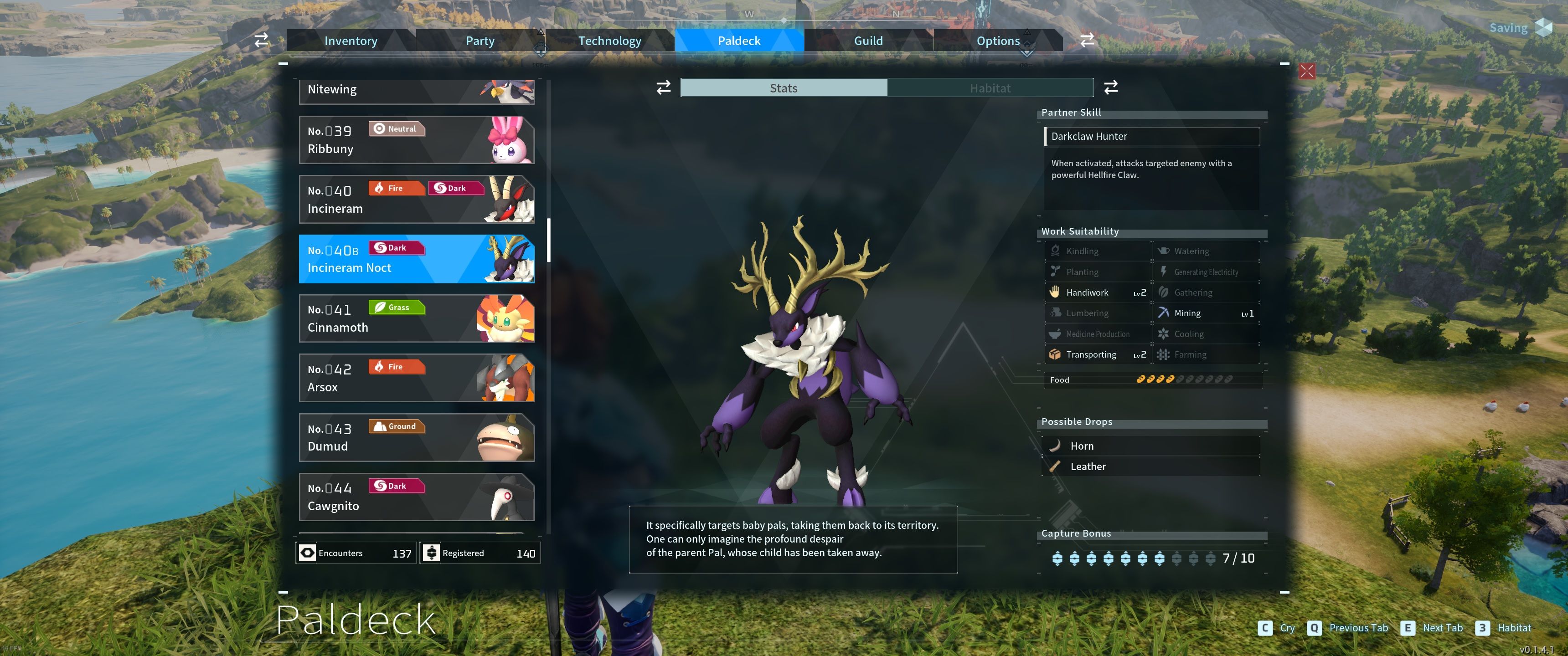 A picture of Palworld showing Incineram Noct stats in the Paldeck.