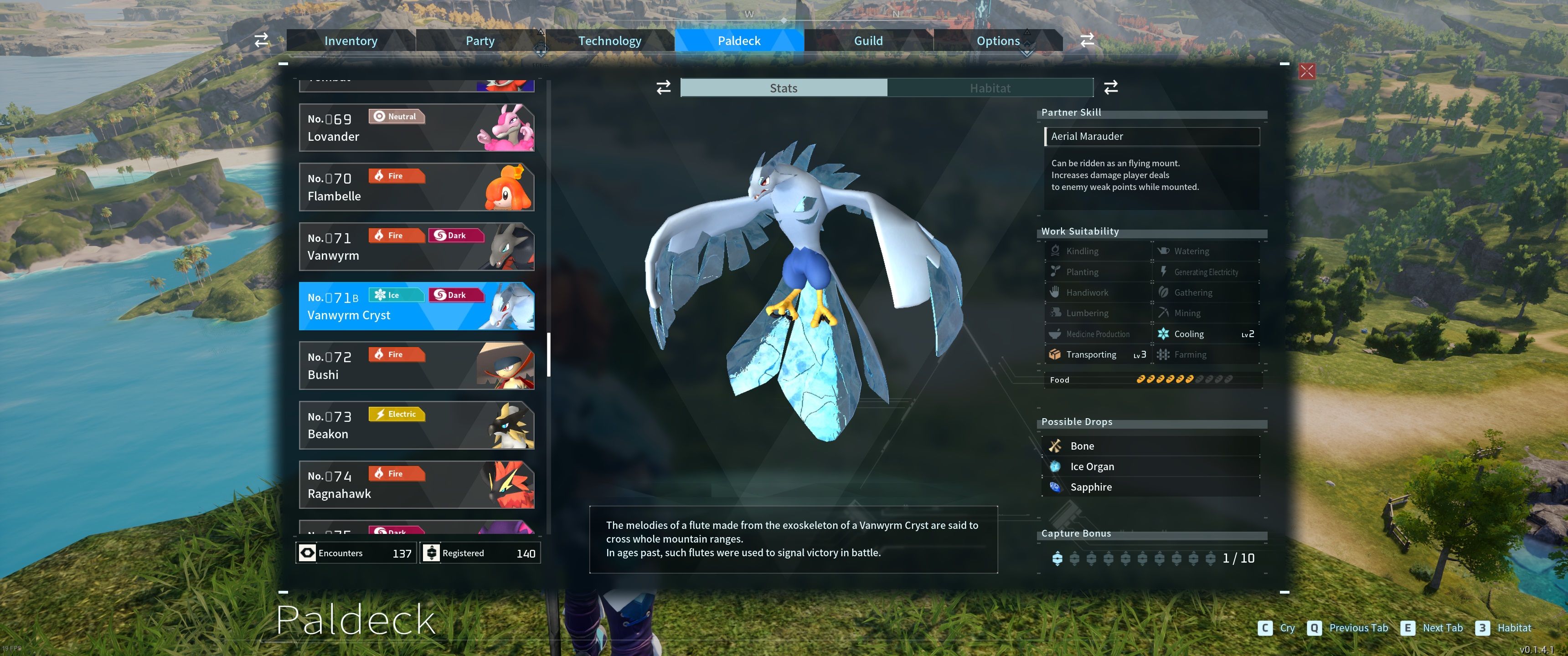 A picture of Palworld showing Vanwyrm Cryst&rsquo;s stats in the Paldeck.