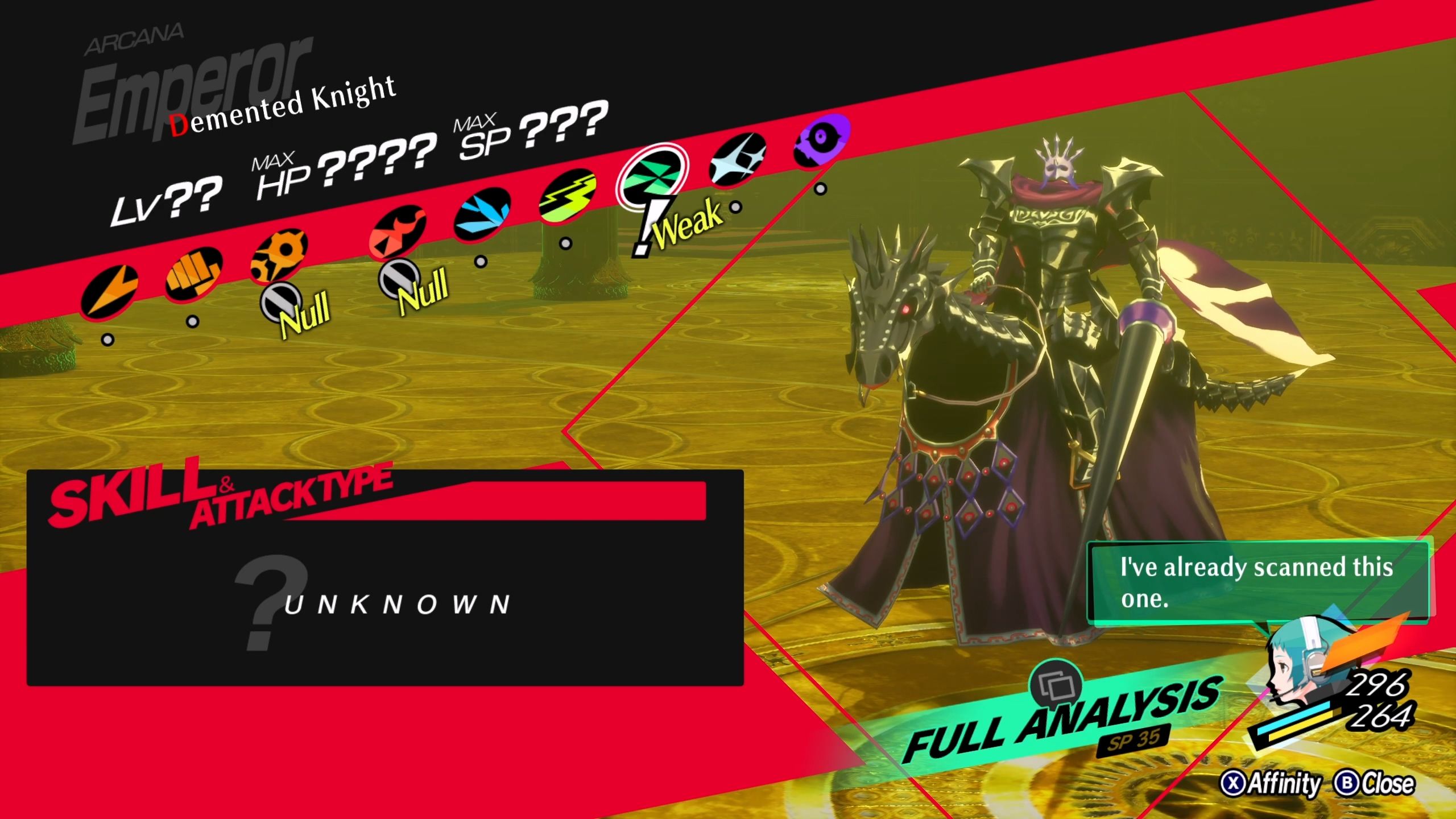A picture of Persona 3 Reload showing Demented Knight Affinity.
