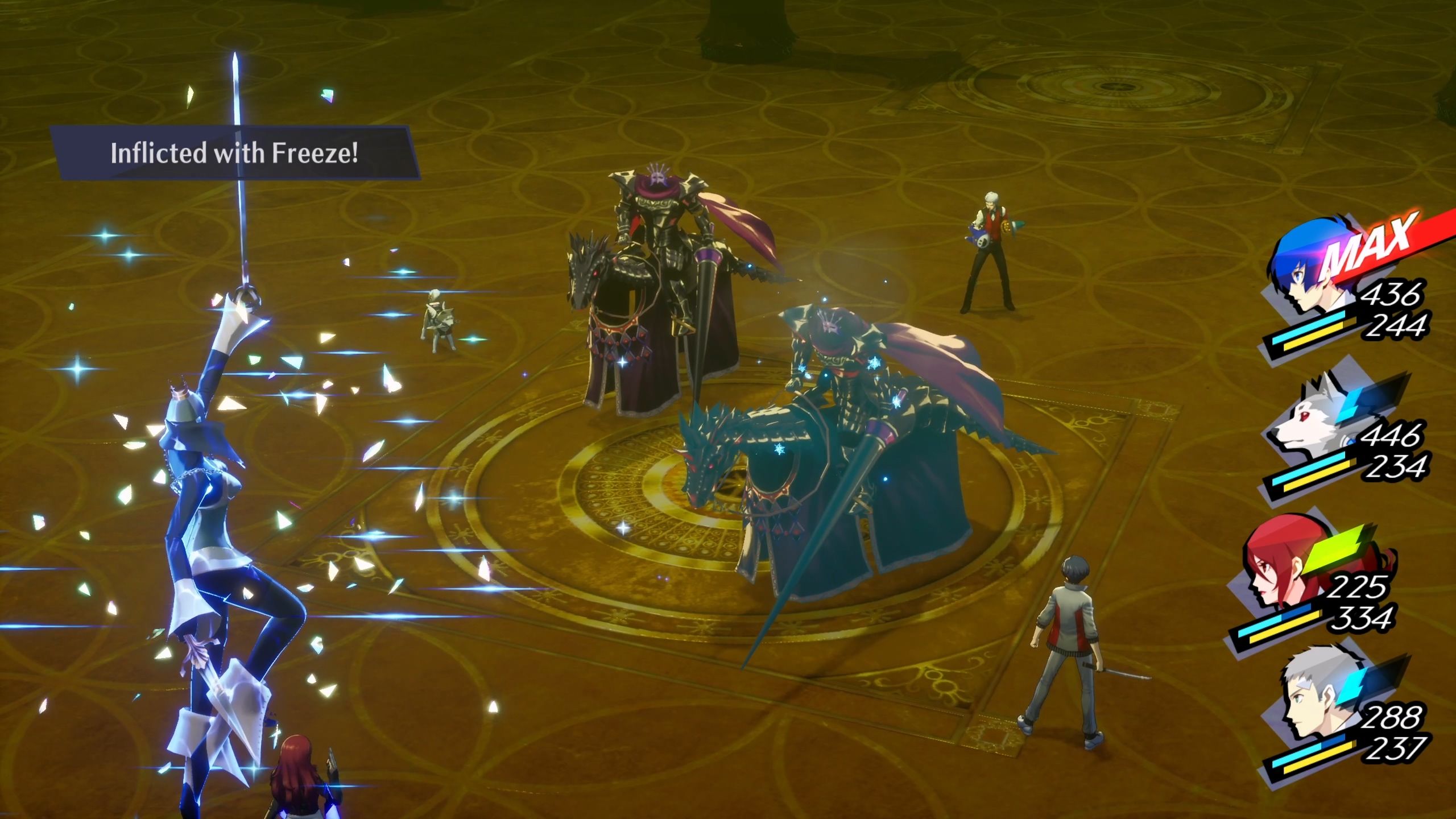 A picture of Persona 3 Reload showing Demented Knight inflicted with Freeze.