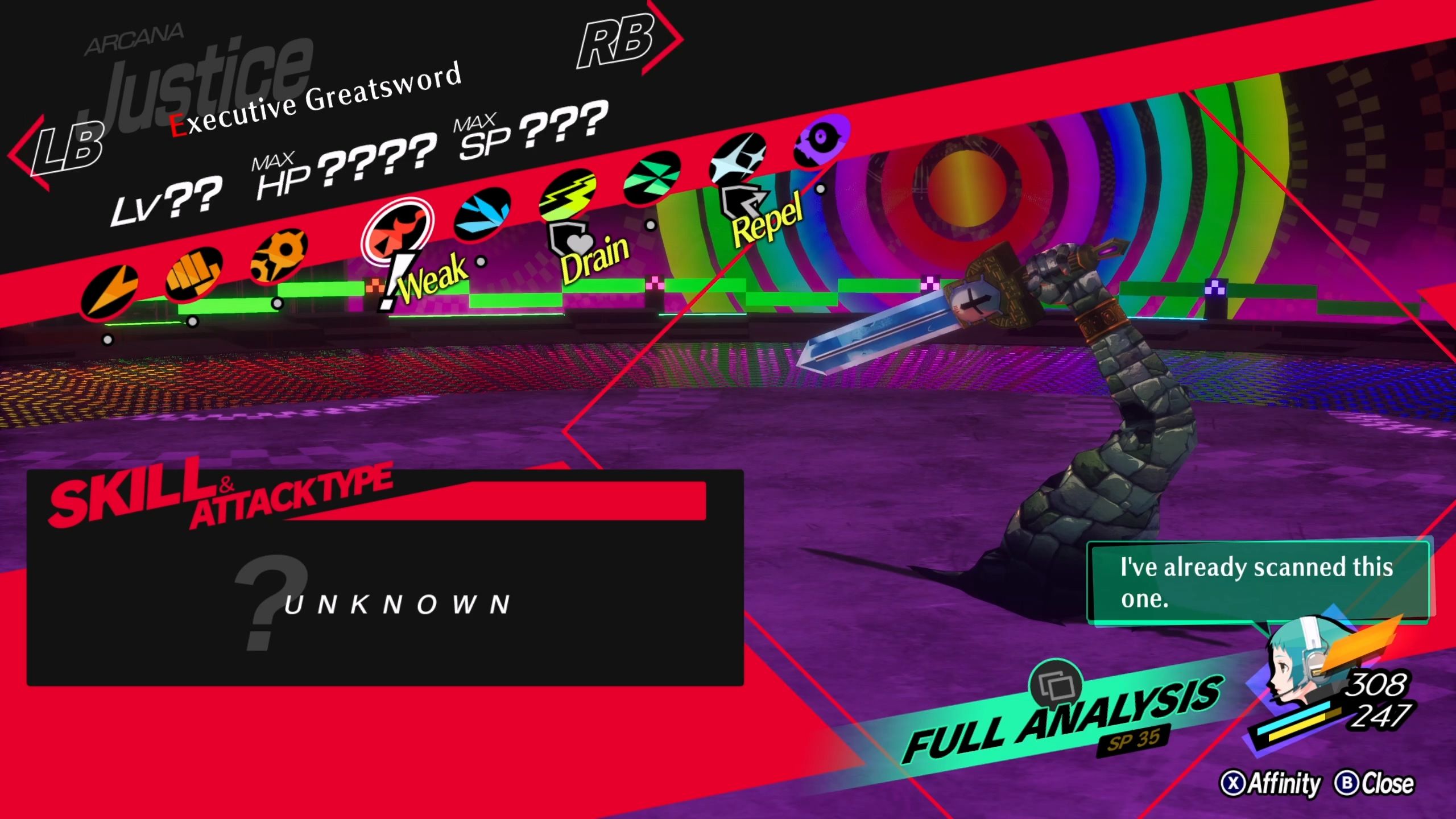 A picture of Persona 3 Reload showing Executive Greatsword affinity.