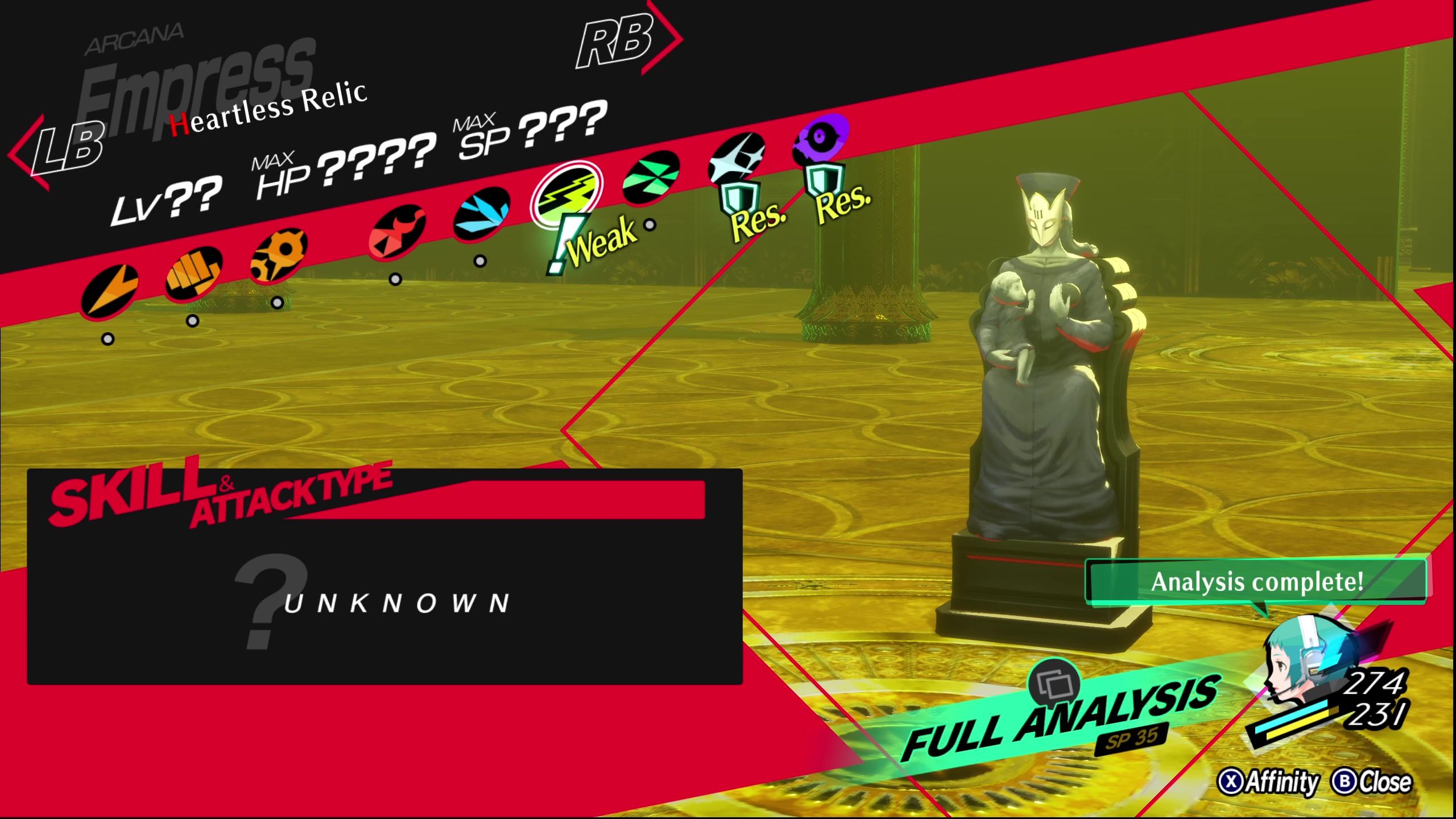A picture of Persona 3 Reload showing Heartless Relic Affinity.
