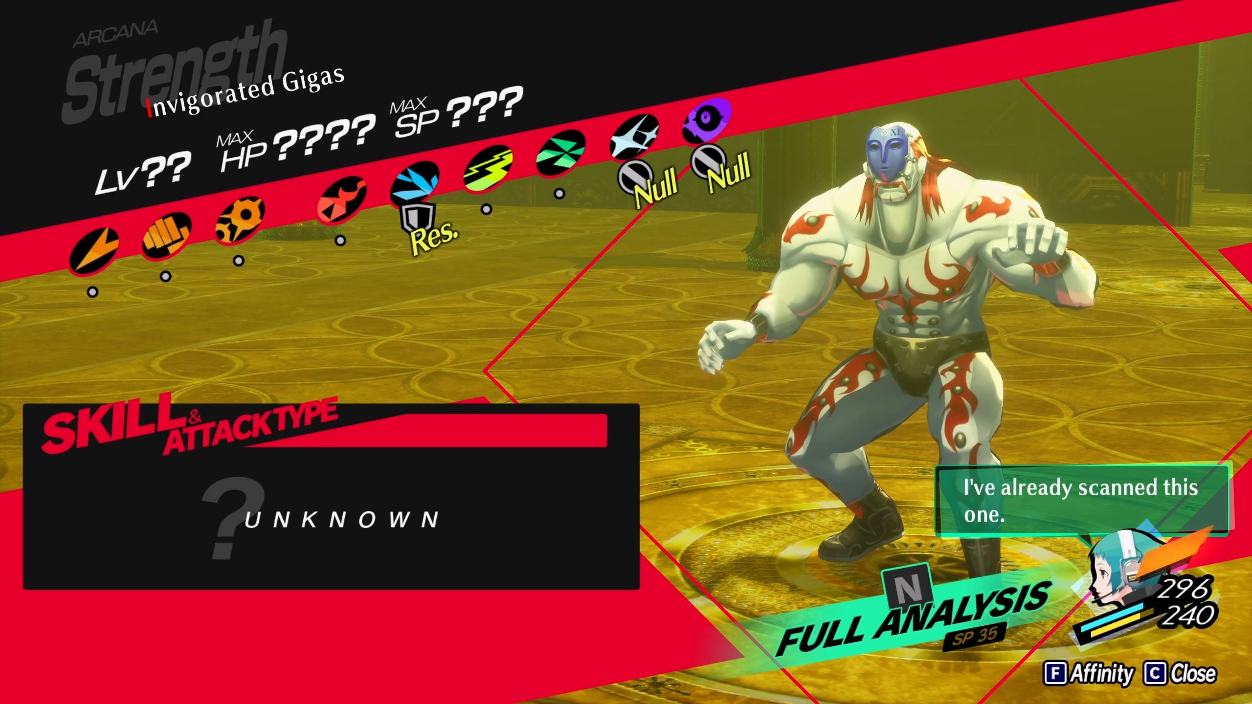 A picture of Persona 3 Reload showing Invigorated Gigas Affinity chart.