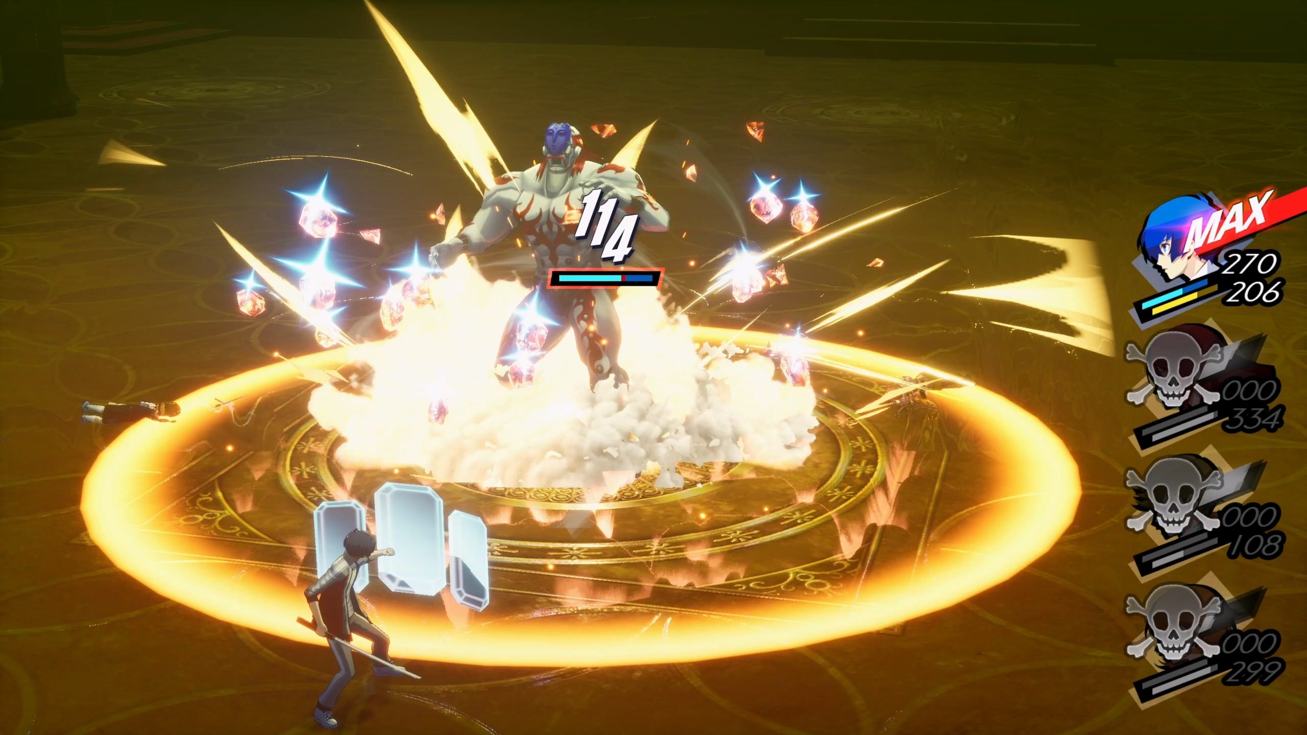 A picture of Persona 3 Reload showing Invigorated Gigas's attack being repelled.