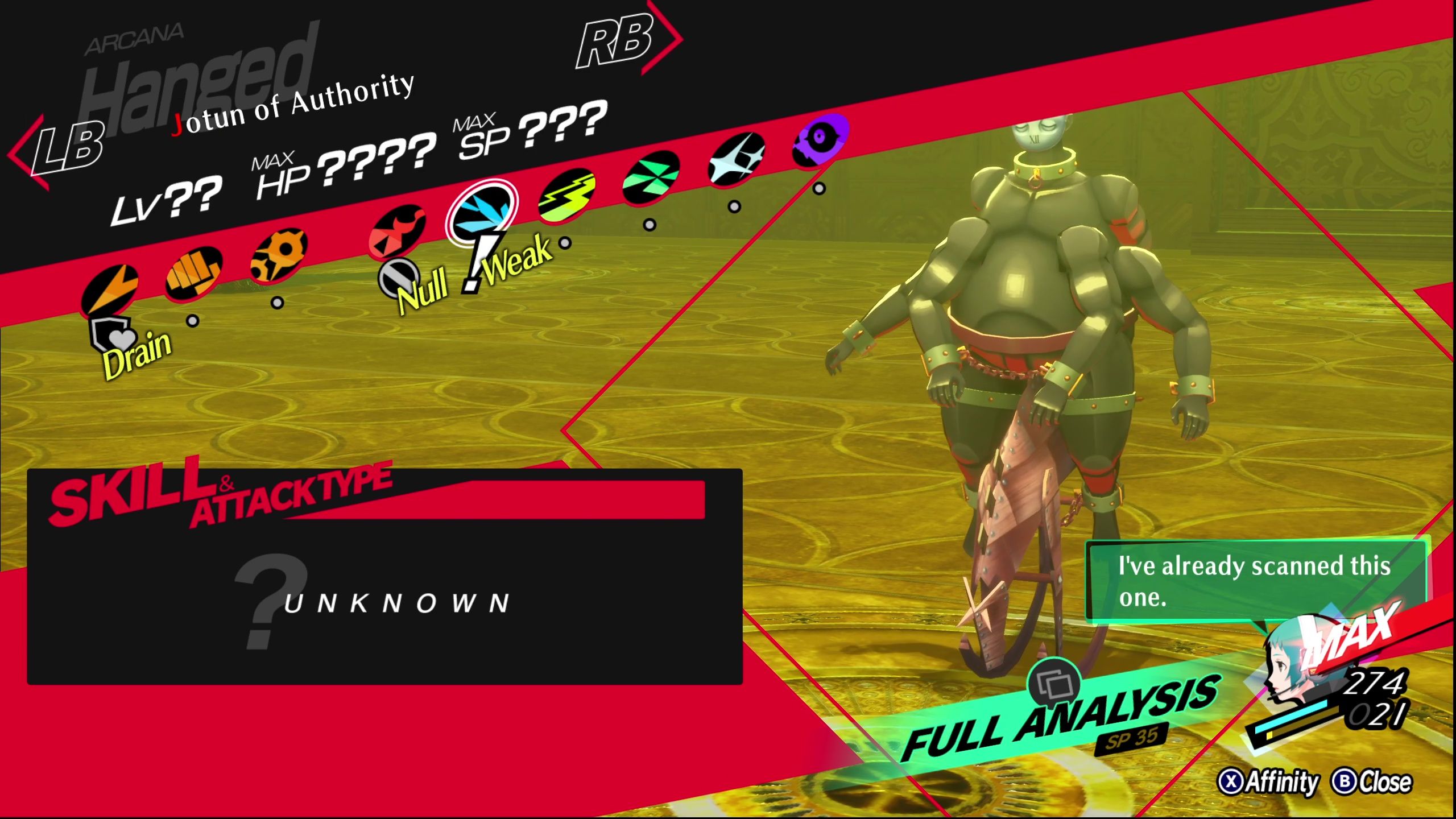 A picture of Persona 3 Reload showing Jotun of Authority Affinity.