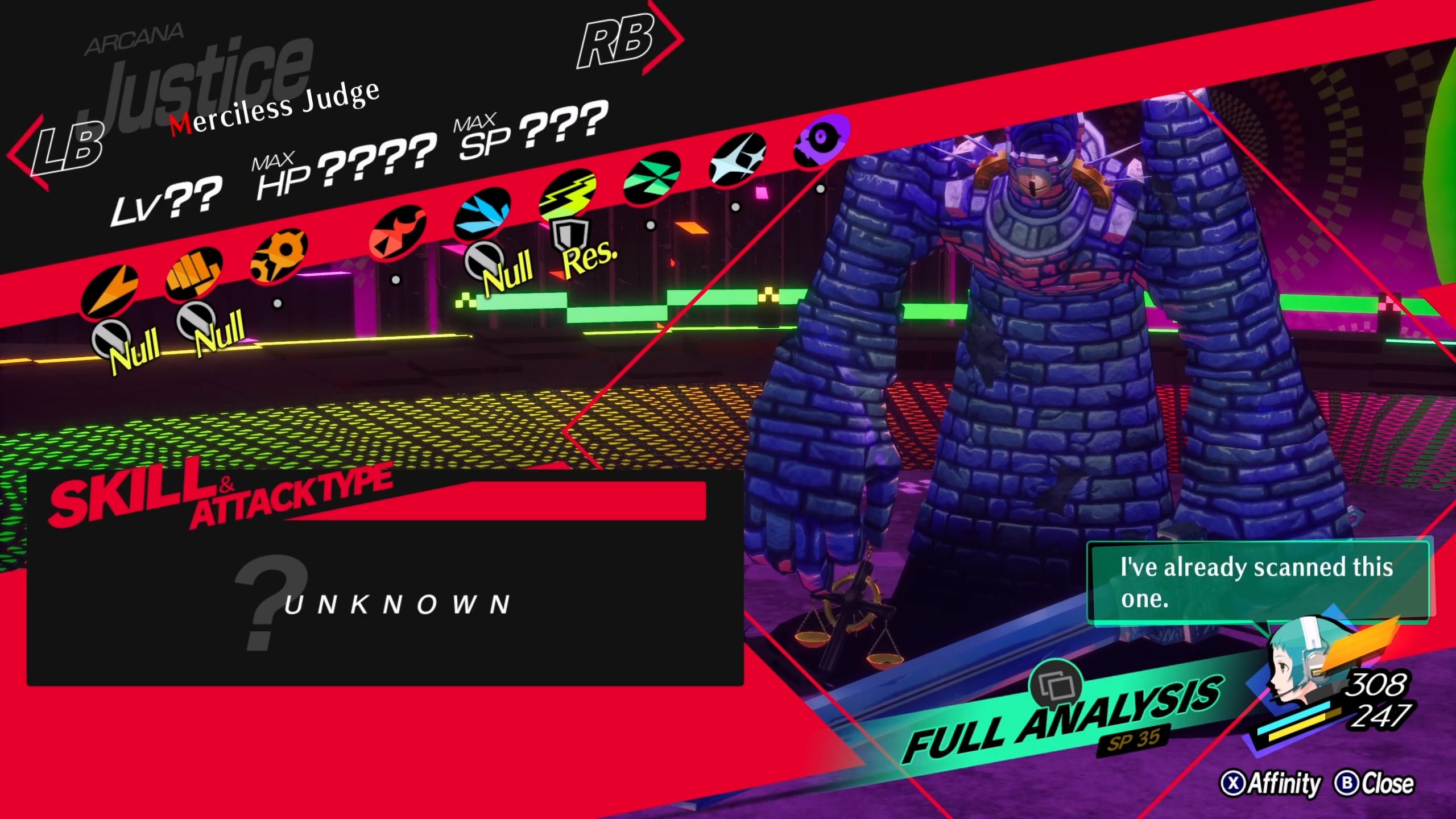 A picture of Persona 3 Reload showing Merciless Judge affinity.