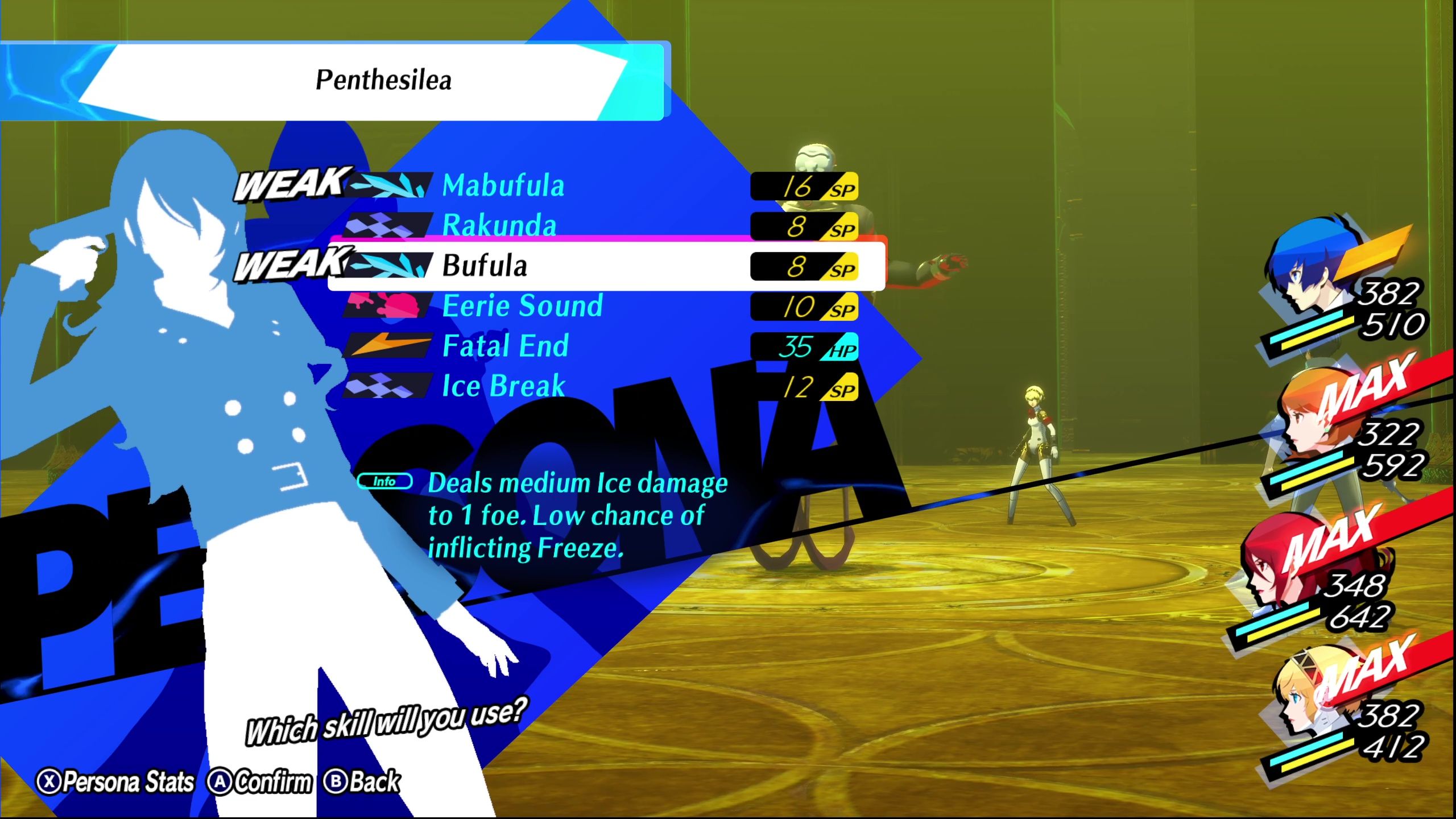 A picture of Persona 3 Reload showing Mitsuru about to use Bufula.