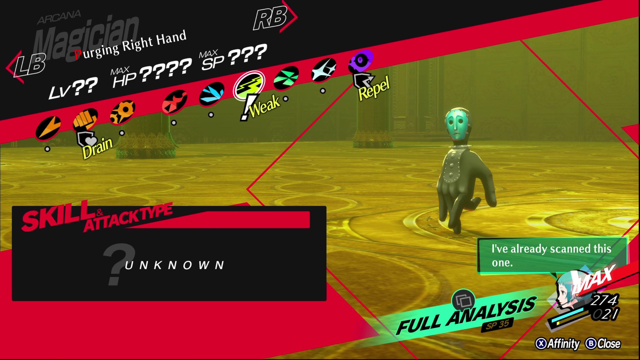 A picture of Persona 3 Reload showing Purging Right Hand Affinity.