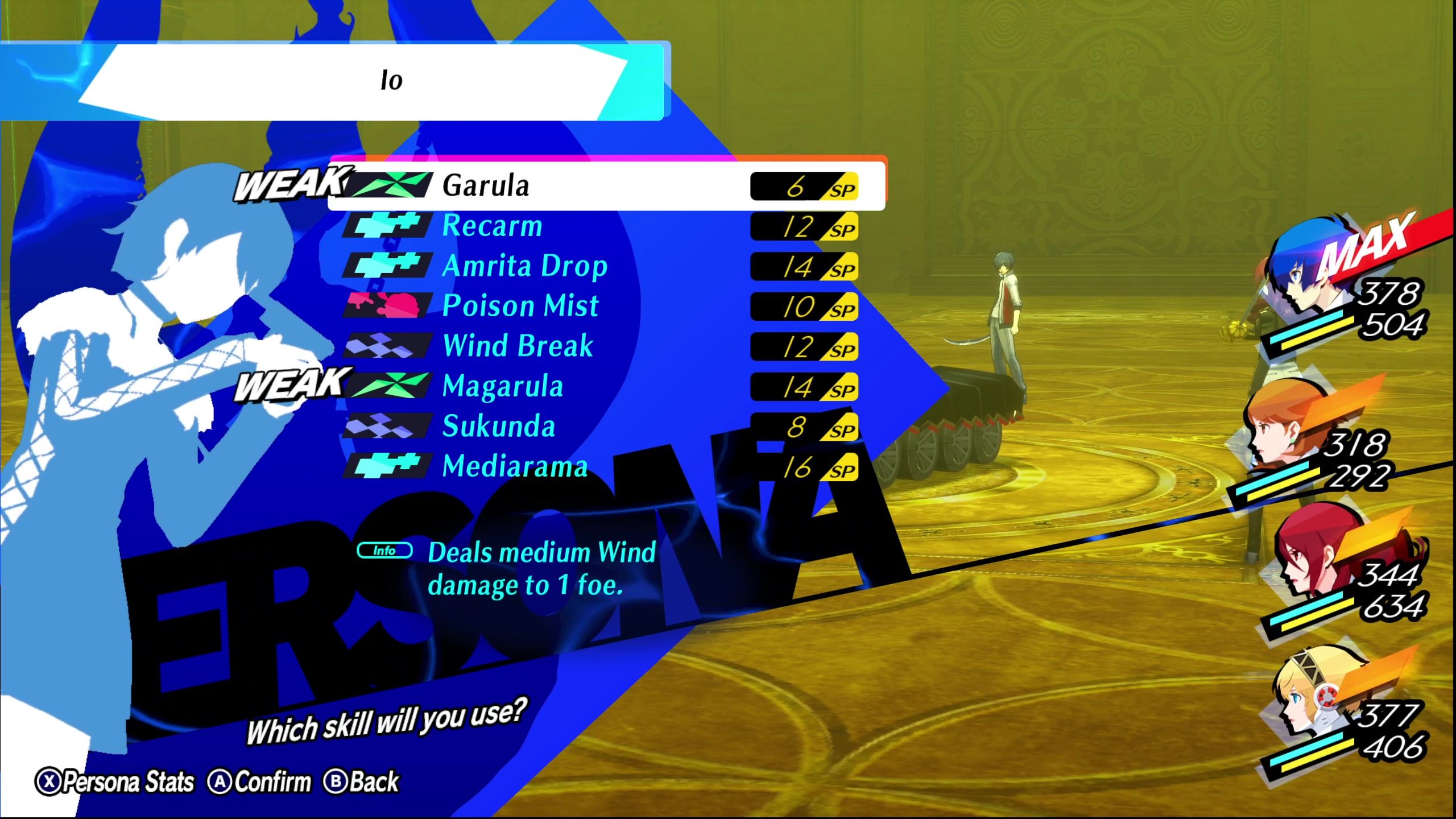 A picture of Persona 3 Reload showing Raging Turret about to be hit by Yukari&rsquo;s Garula.