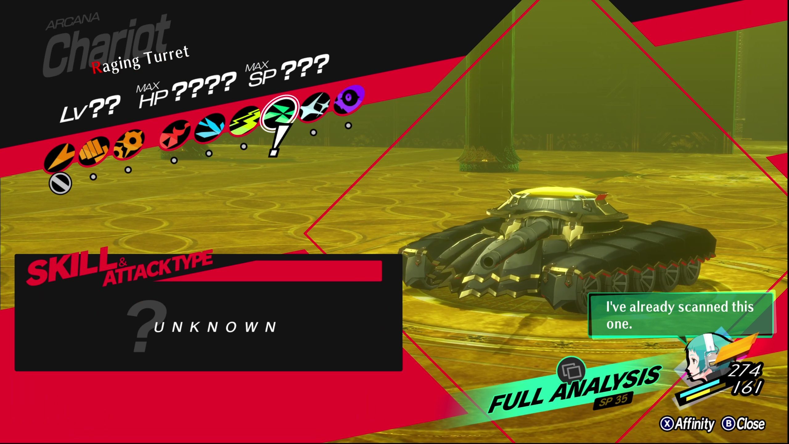 A picture of Persona 3 Reload showing Raging Turret Affinity.