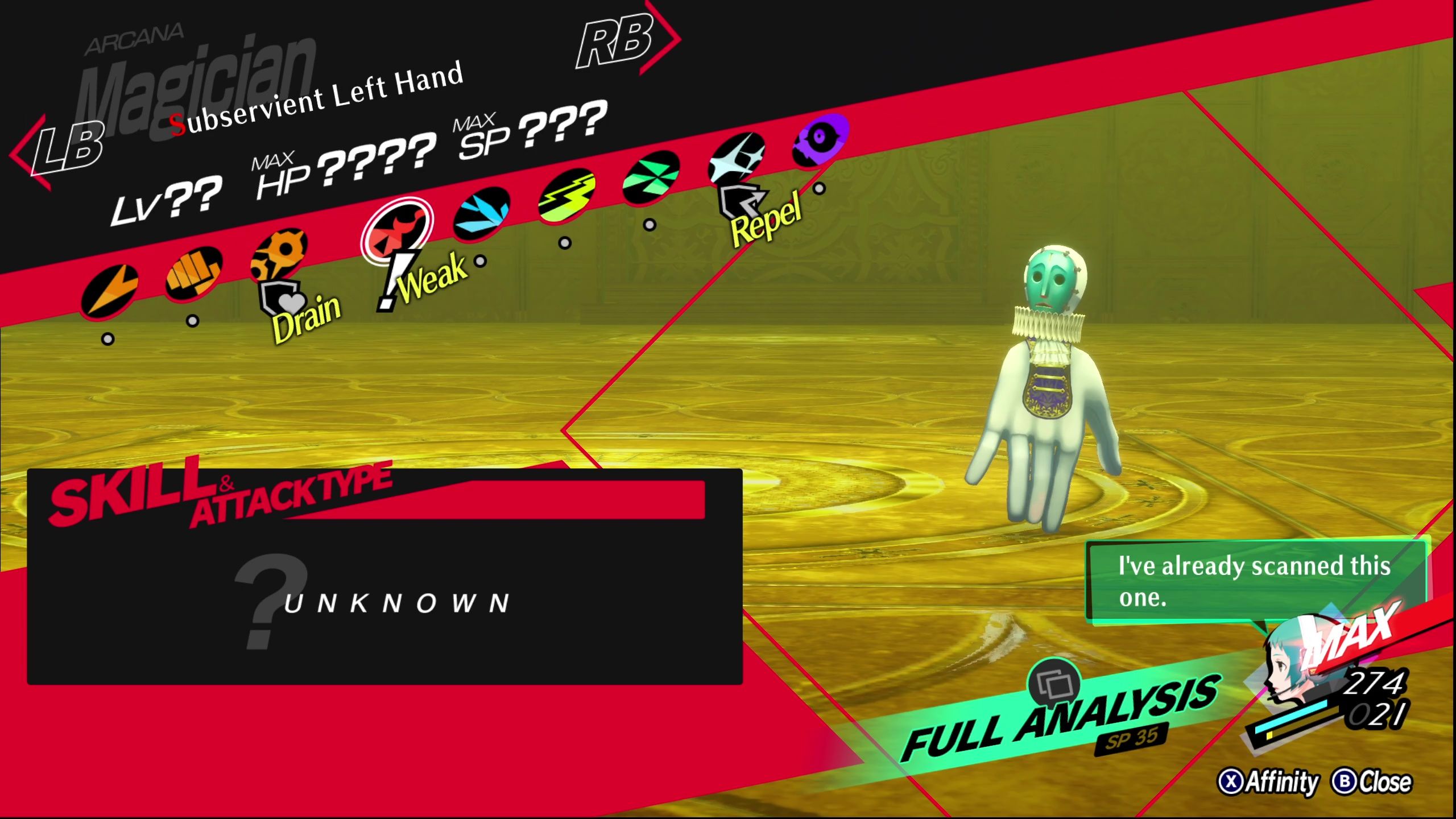 A picture of Persona 3 Reload showing Subservient Left Hand Affinity.