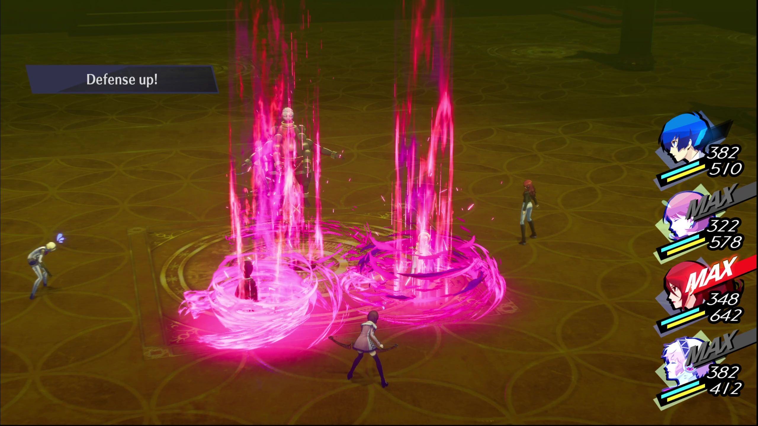 A picture of Persona 3 Reload showing Subservient Left Hand buffing its team.