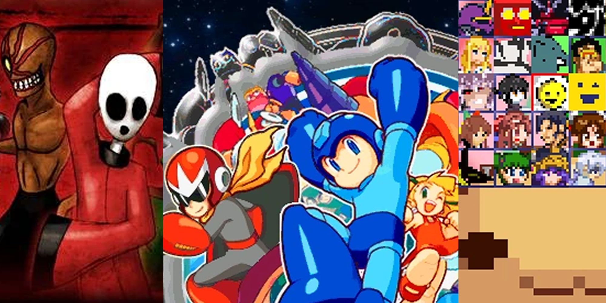 A Split Image Depicting Scenes From The Black Heart, Mega Man Robot Master Mayhem, And Nijikaku-1