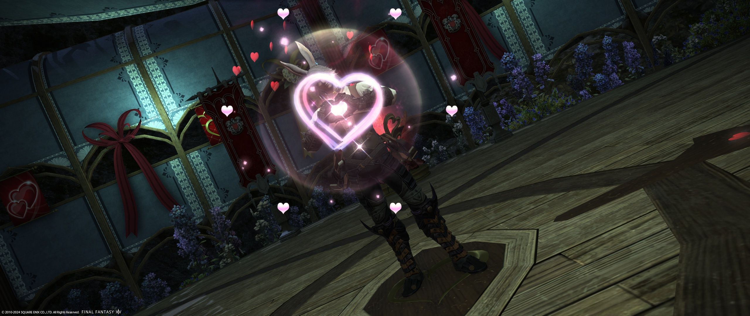A viera character performing the Love Heart emote in Final Fantasy 14