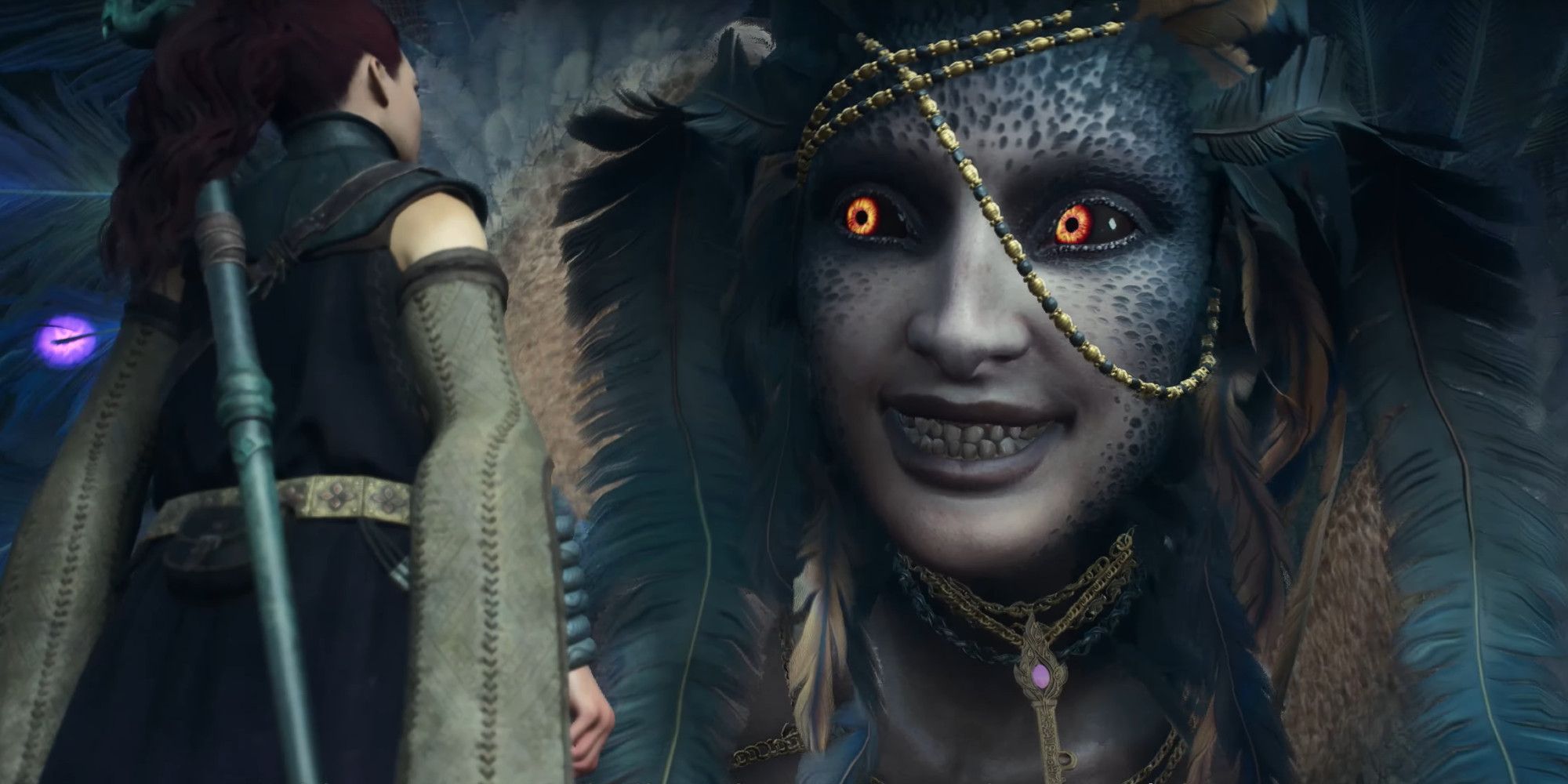 A woman talking a lrage smiling monster in Dragon's Dogma 2