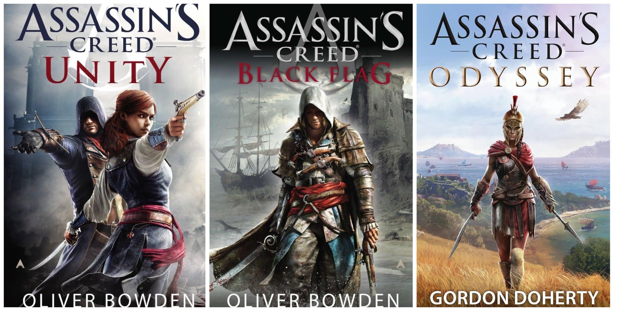 Three Assassin&rsquo;s Creed novels: Unity, Black Flag, and Odyssey, arranged in a row.