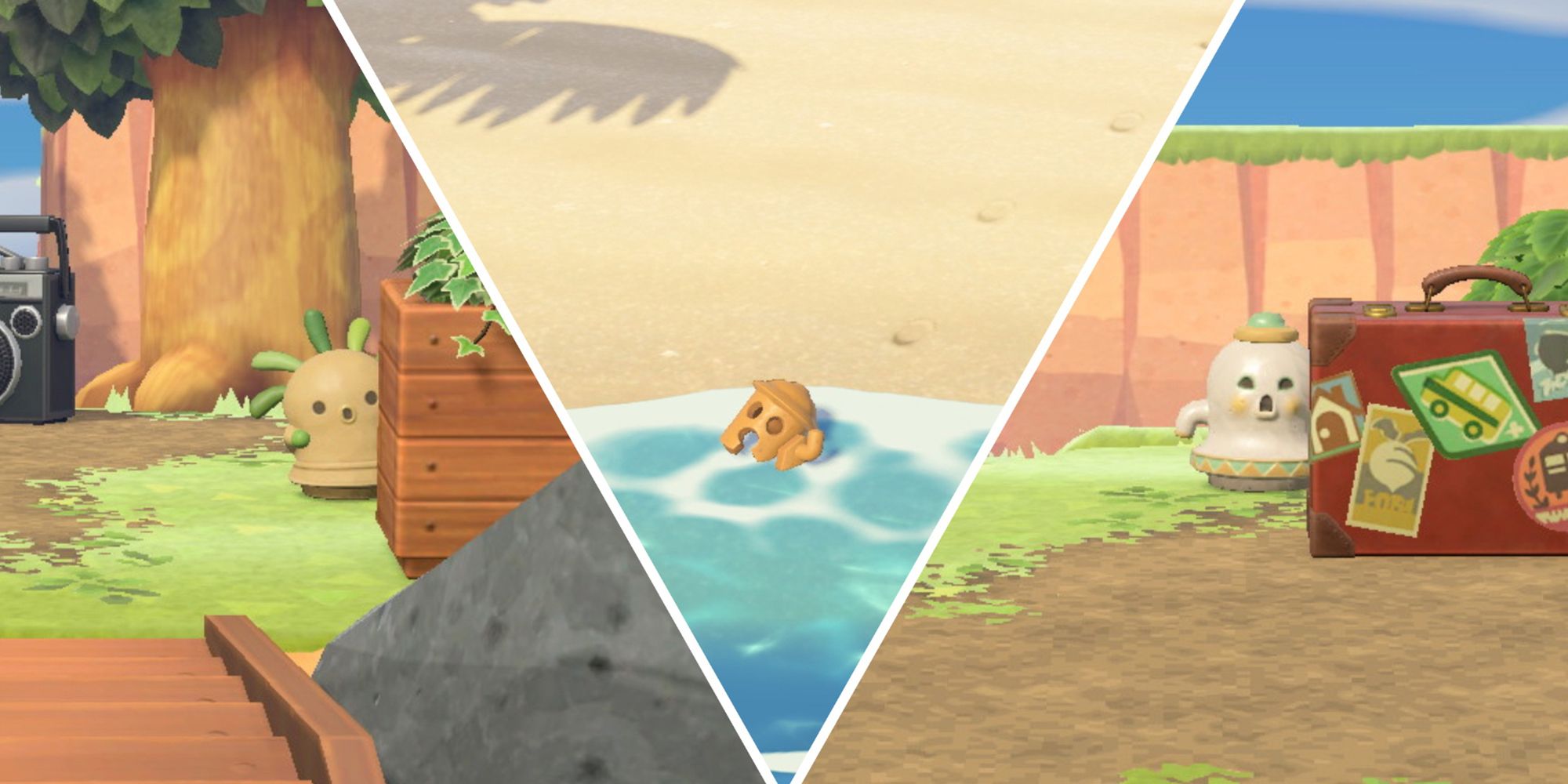 From left to right, squeakoid peeking out from behind wooden planter, a gyroid fragment washed up on the beach, and xylophoid dancing behind Rover’s suitcase
